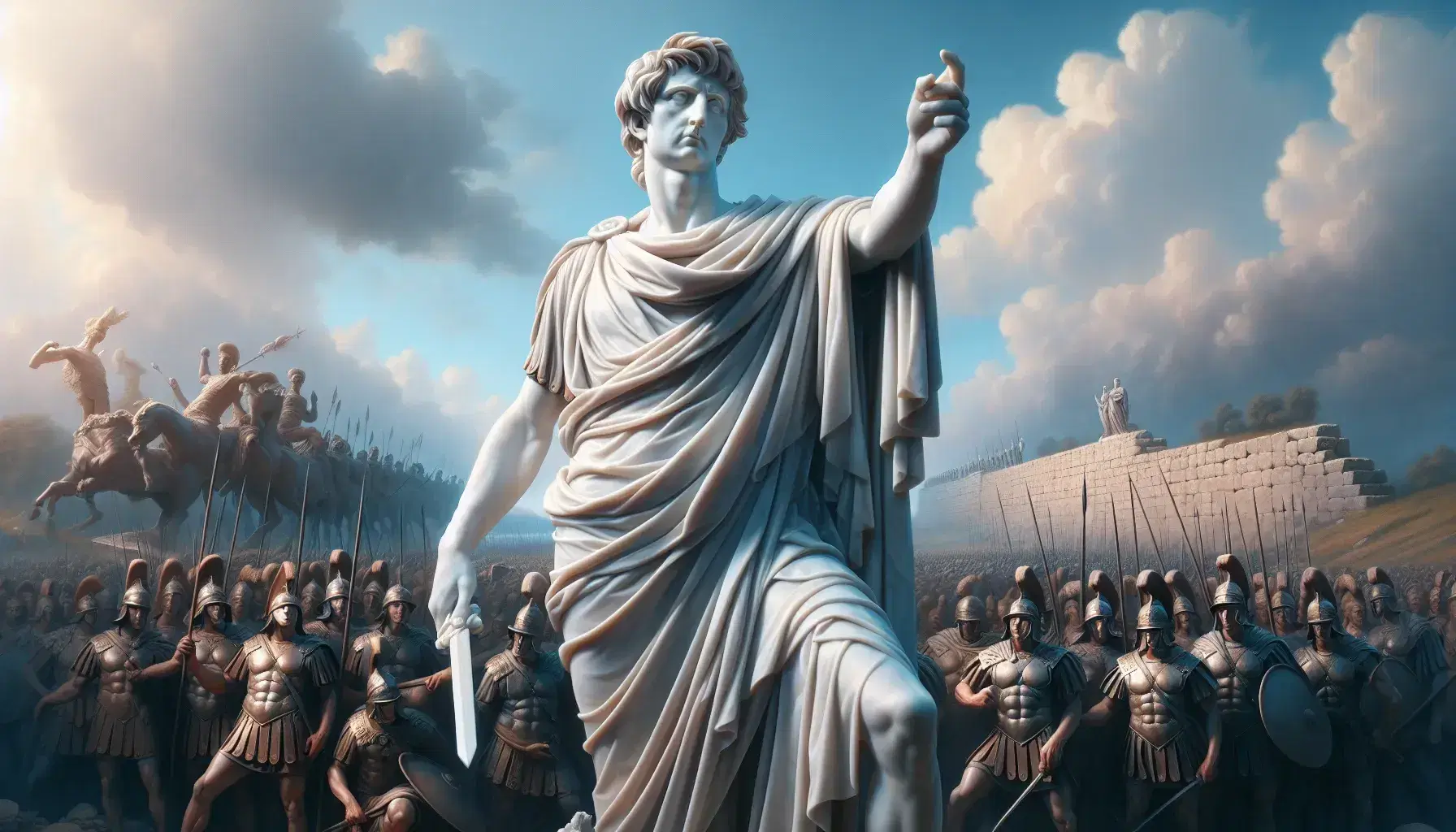 Statua marmorea di generale storico in toga con gesto di comando su sfondo di battaglia antica, cielo azzurro e mura in pietra.