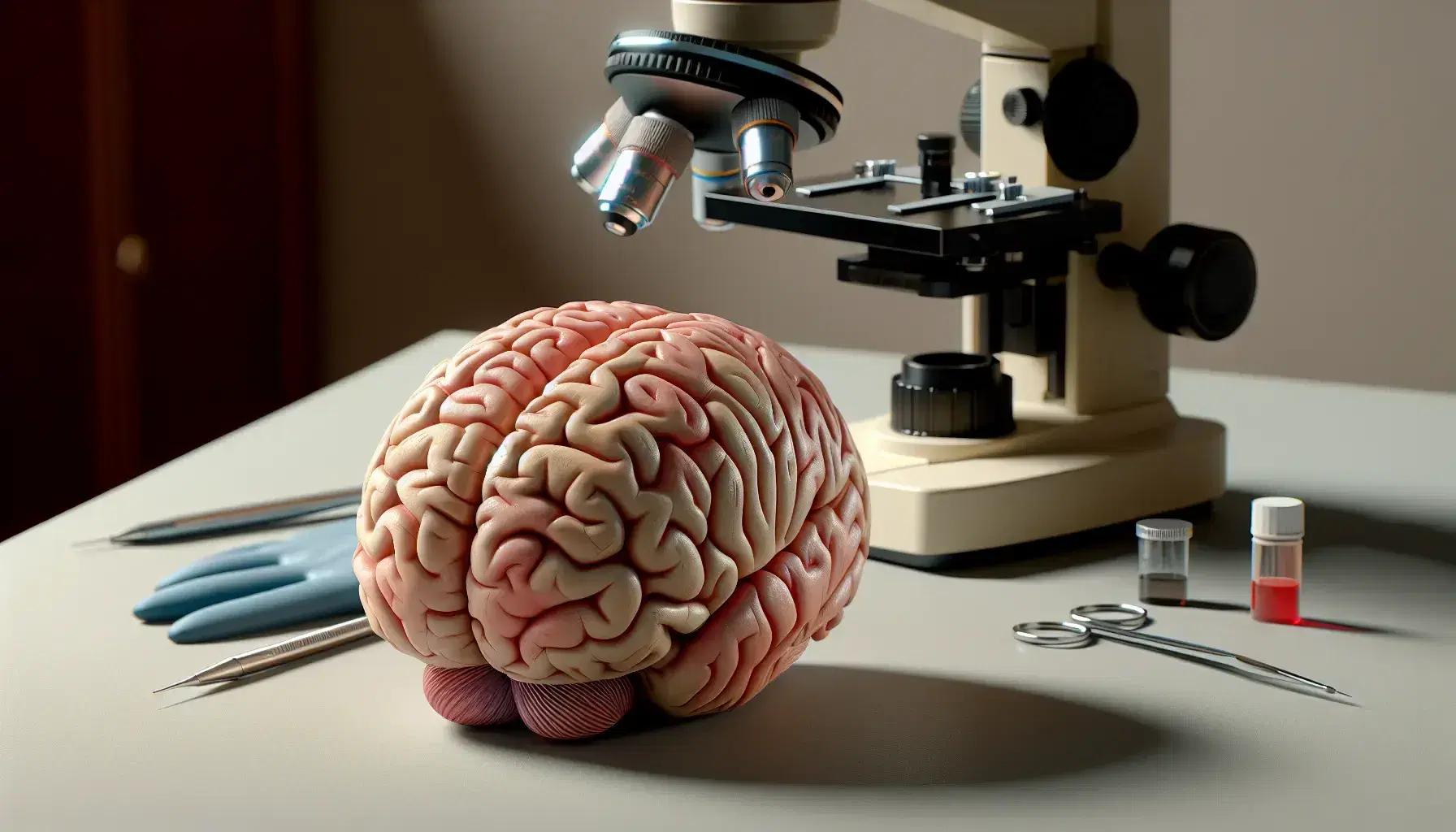 Detailed model of left brain hemisphere on table, with blurred microscope in background and blue latex gloves next to it.