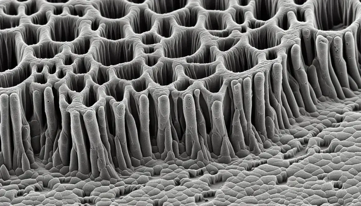Tessuto epiteliale al microscopio elettronico con cellule poligonali, giunzioni strette e microvilli sulla superficie apicale.