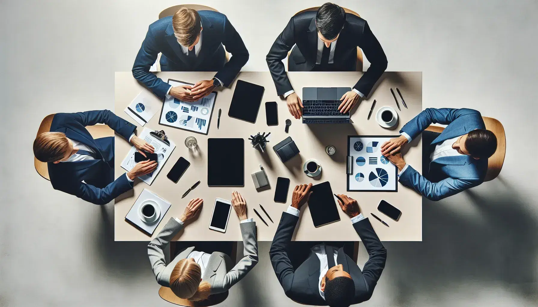 Grupo de cinco profesionales en reunión de trabajo alrededor de una mesa redonda con laptop, tablet, celulares, papeles y un jarrón con flores coloridas.