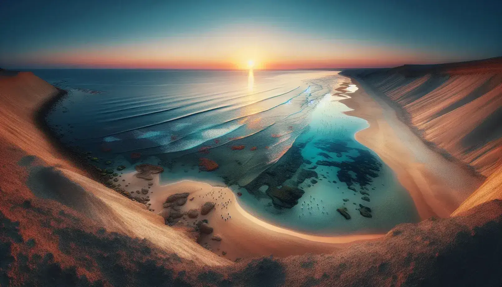 Panorama di una spiaggia al tramonto con mare calmo, cielo sfumato in arancione e rosa, scogliere a sinistra e gabbiani sulla sabbia.