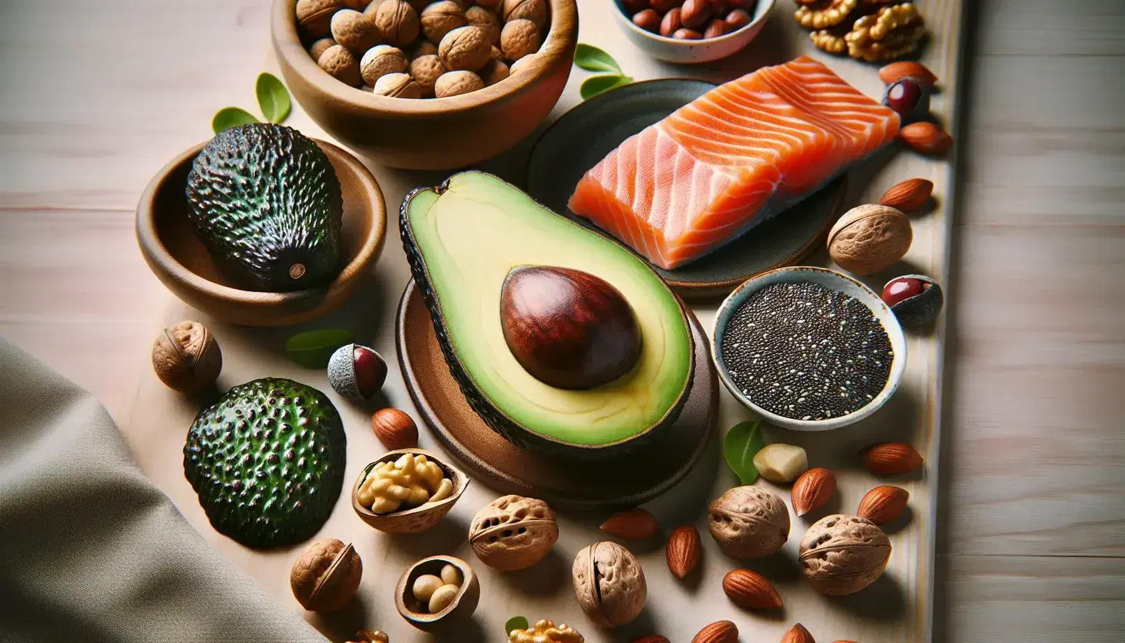 Variedad de alimentos saludables con aguacate, nueces, filetes de salmón, semillas de chía y aceitunas negras en un fondo de madera claro.