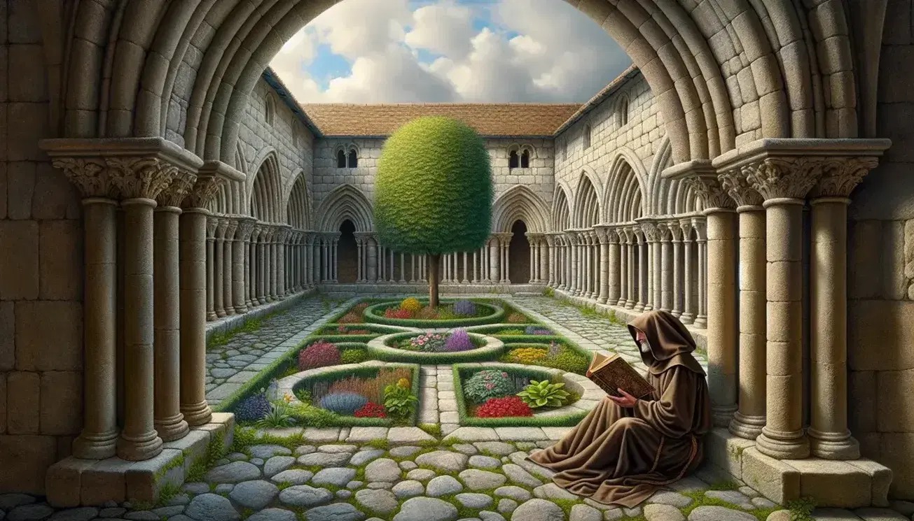 Chiostro medievale in pietra con archi a semicerchio, giardino interno, monaco in abito marrone che legge e cielo azzurro.