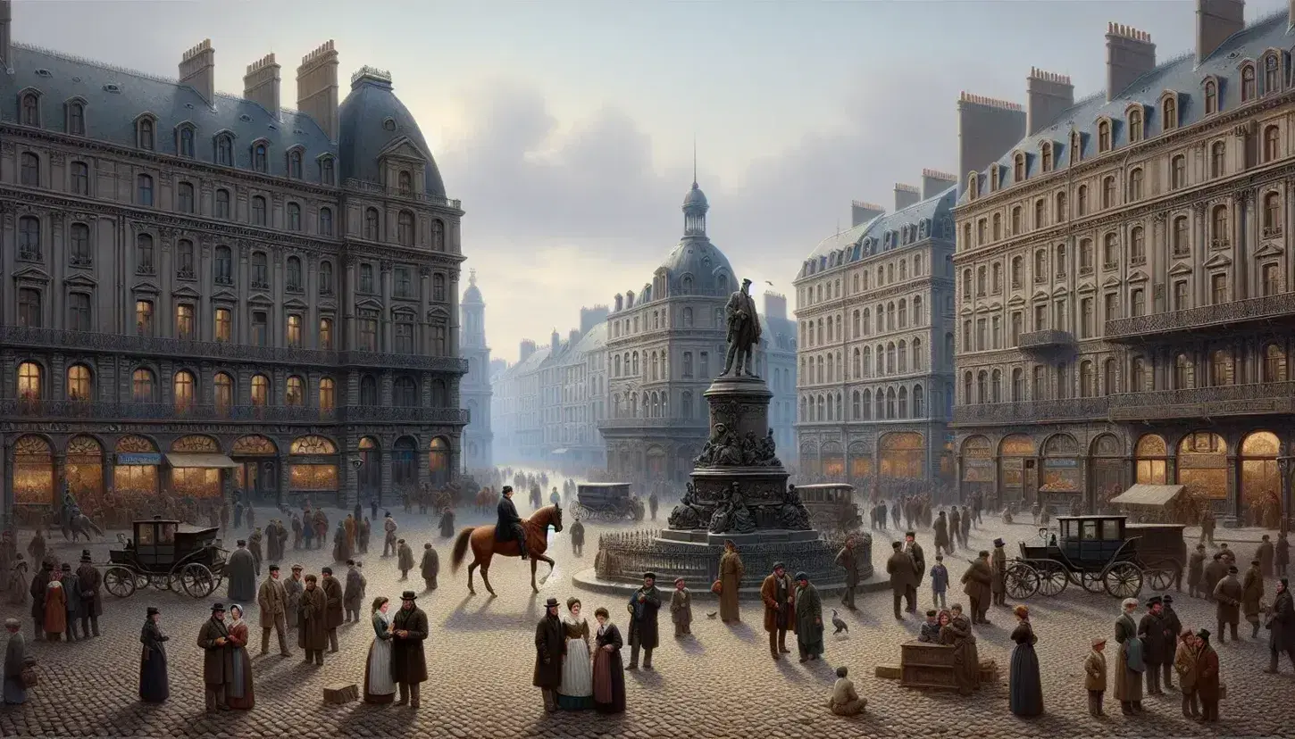 Bustling 19th-century European city square with cobblestones, diverse crowd, horse-mounted military figure, neoclassical buildings, and a bronze statue.