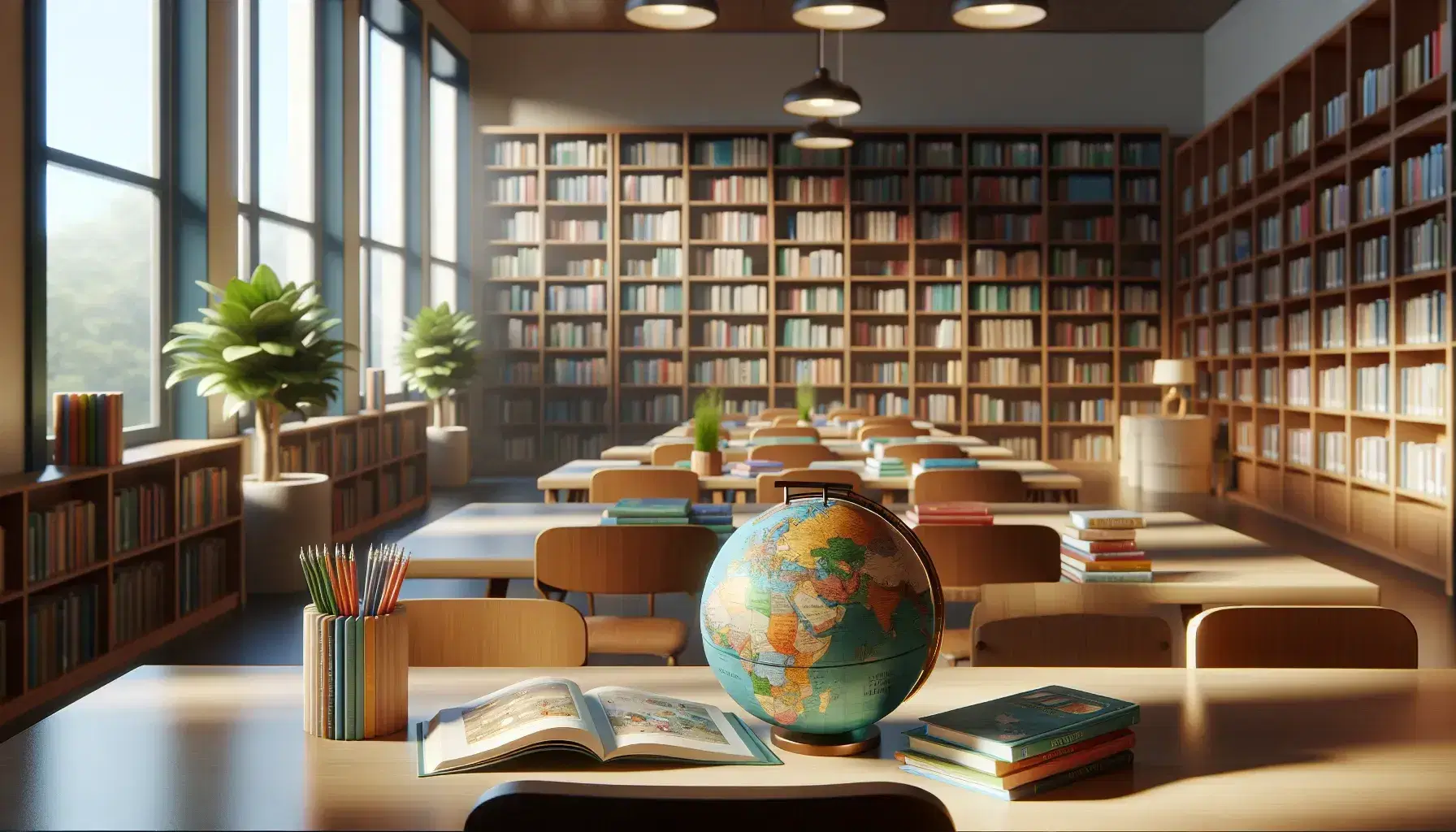 Biblioteca escolar iluminada con estantes de madera y libros coloridos, mesa central con libros ilustrados, globo terráqueo y planta con flor amarilla.