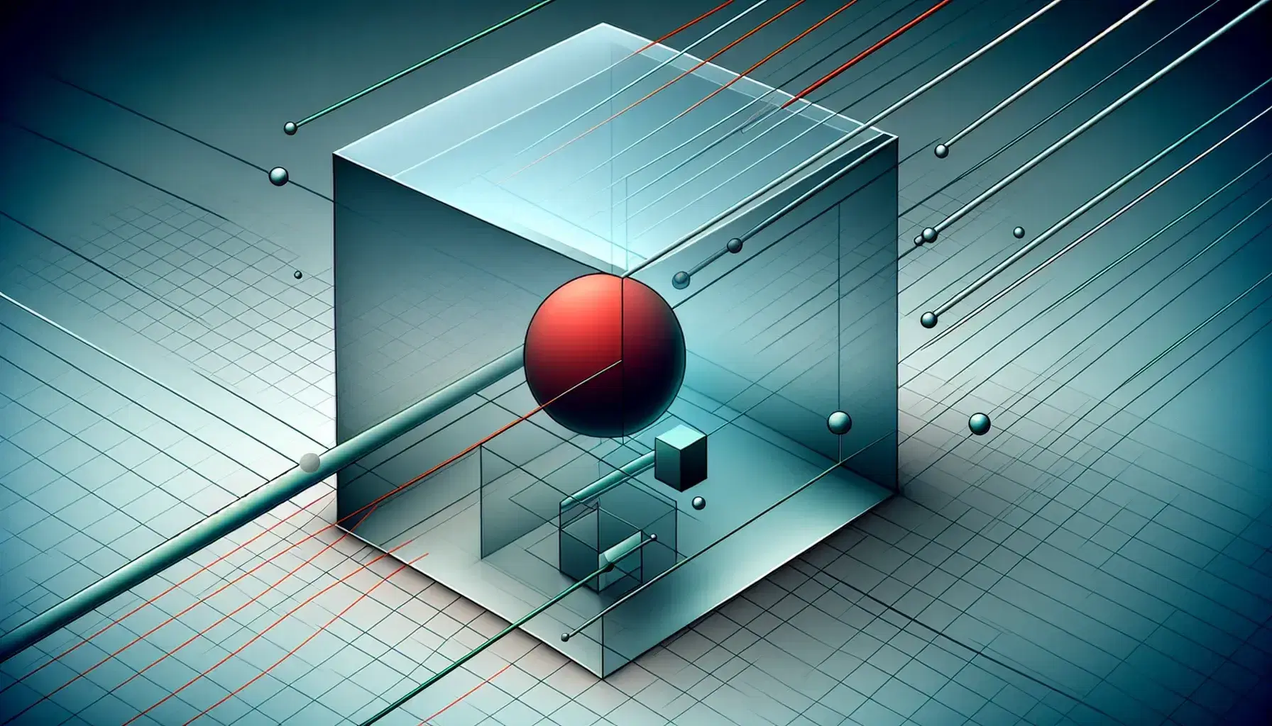 Transparent cube with a central red sphere intersected by a matte gray plane, surrounded by green gradient lines and scattered golden-yellow points against a soft blue to white gradient background.
