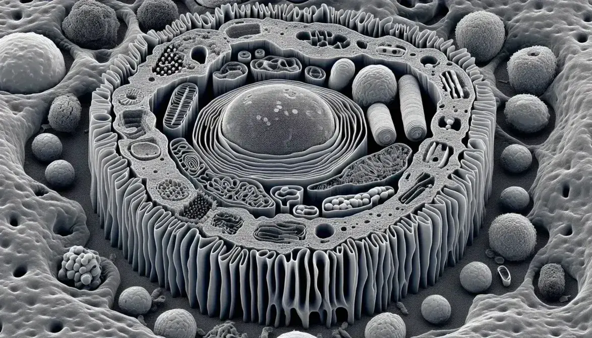 Vista detallada de célula bajo microscopio electrónico mostrando núcleo, cromatina, mitocondrias, vesículas, retículo endoplásmico y aparato de Golgi.