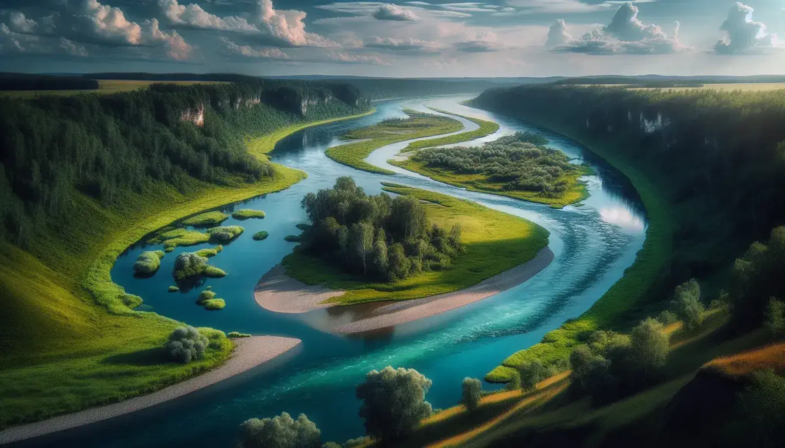 Fiume serpeggiante in paesaggio verde con spiaggetta di ciottoli, scogliera erbosa e isola fluviale, sotto cielo azzurro con nuvole sparse.
