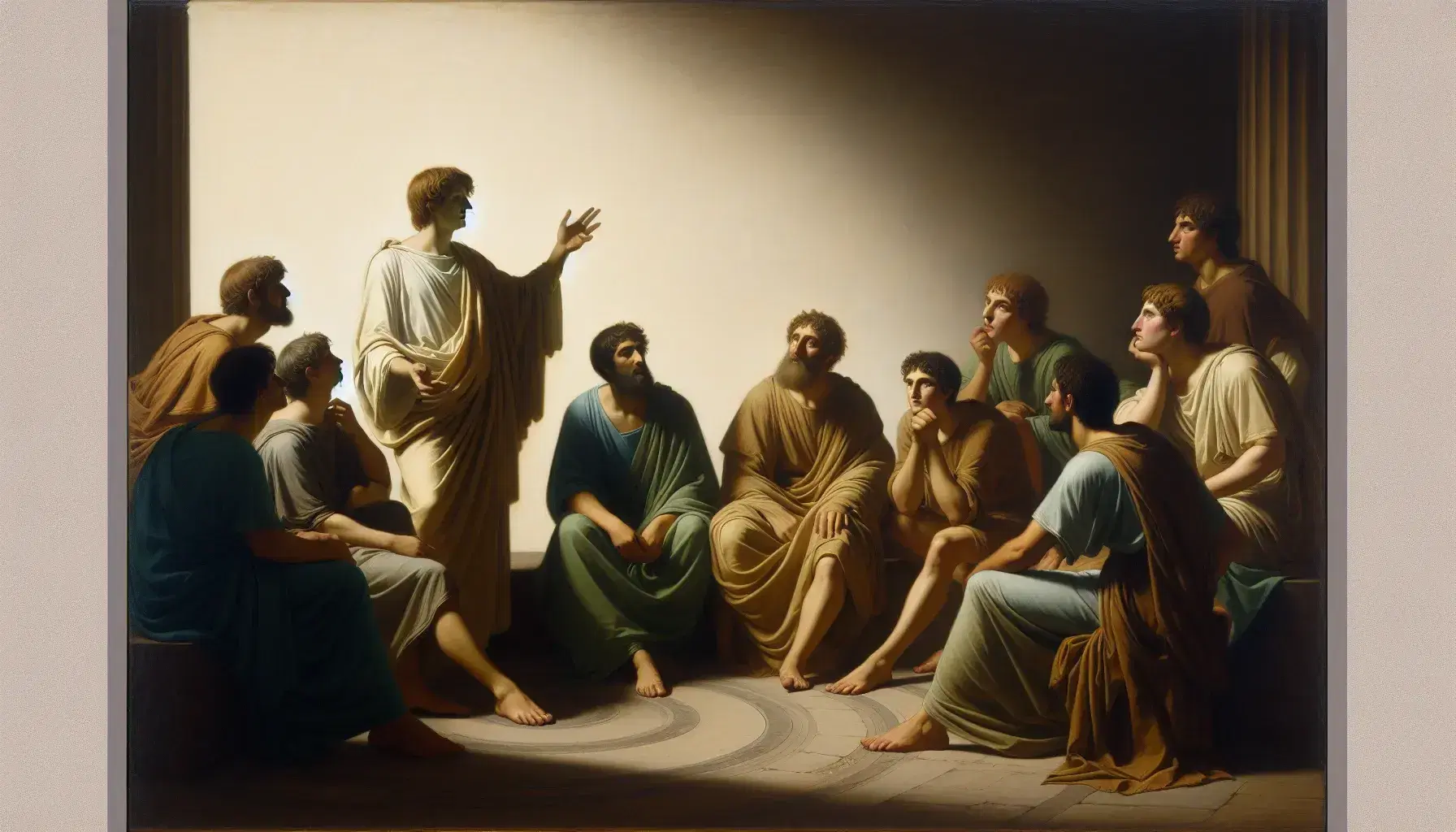 Grupo de cinco personas sentadas en semicírculo escuchando a un orador de pie en un entorno clásico, iluminado por luz natural, sin elementos modernos.