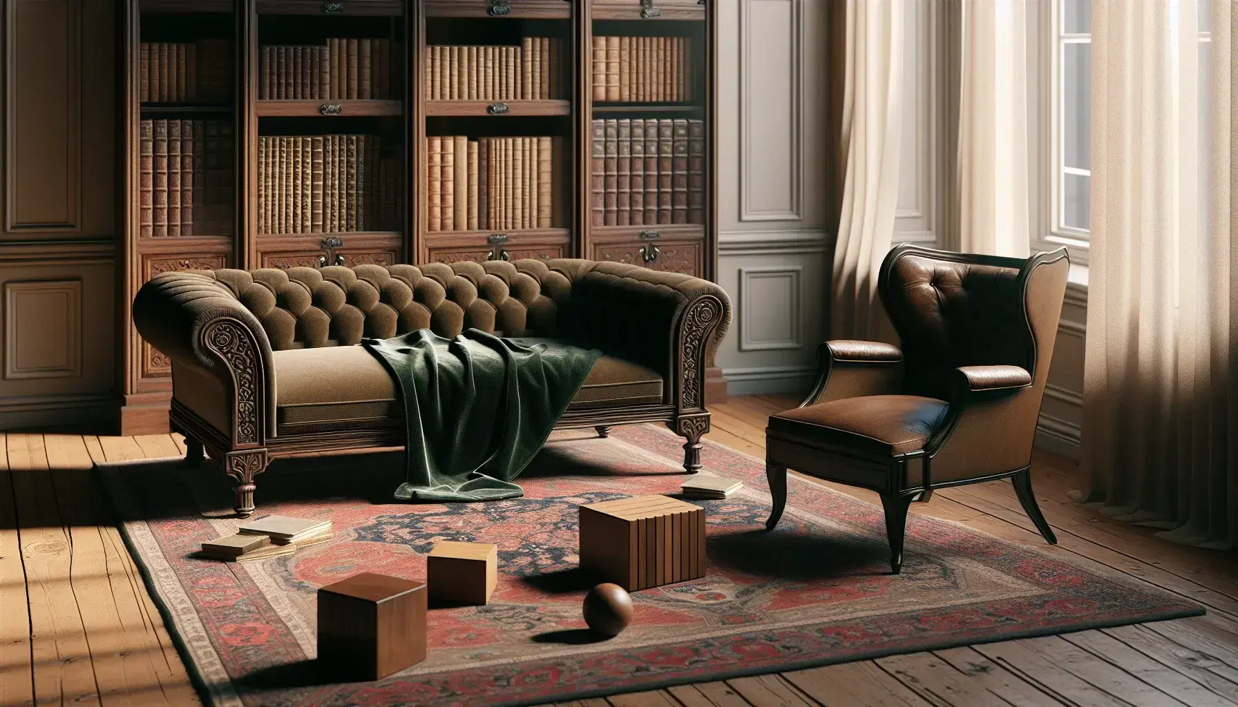 Sofá de terapia marrón oscuro con manta de terciopelo verde y silla de cuero junto a mesa con figuras geométricas de madera en habitación iluminada con luz natural.