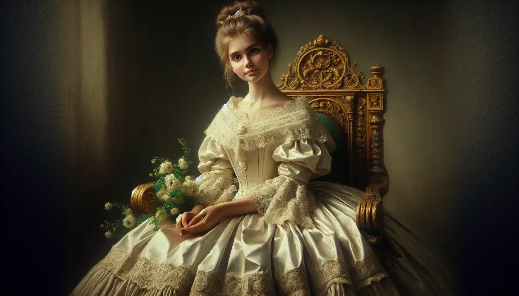 Retrato al óleo de joven victoriana sentada en silla tallada con detalles dorados, vistiendo vestido satinado con chal de encaje, sosteniendo ramo de flores y mirando serenamente.