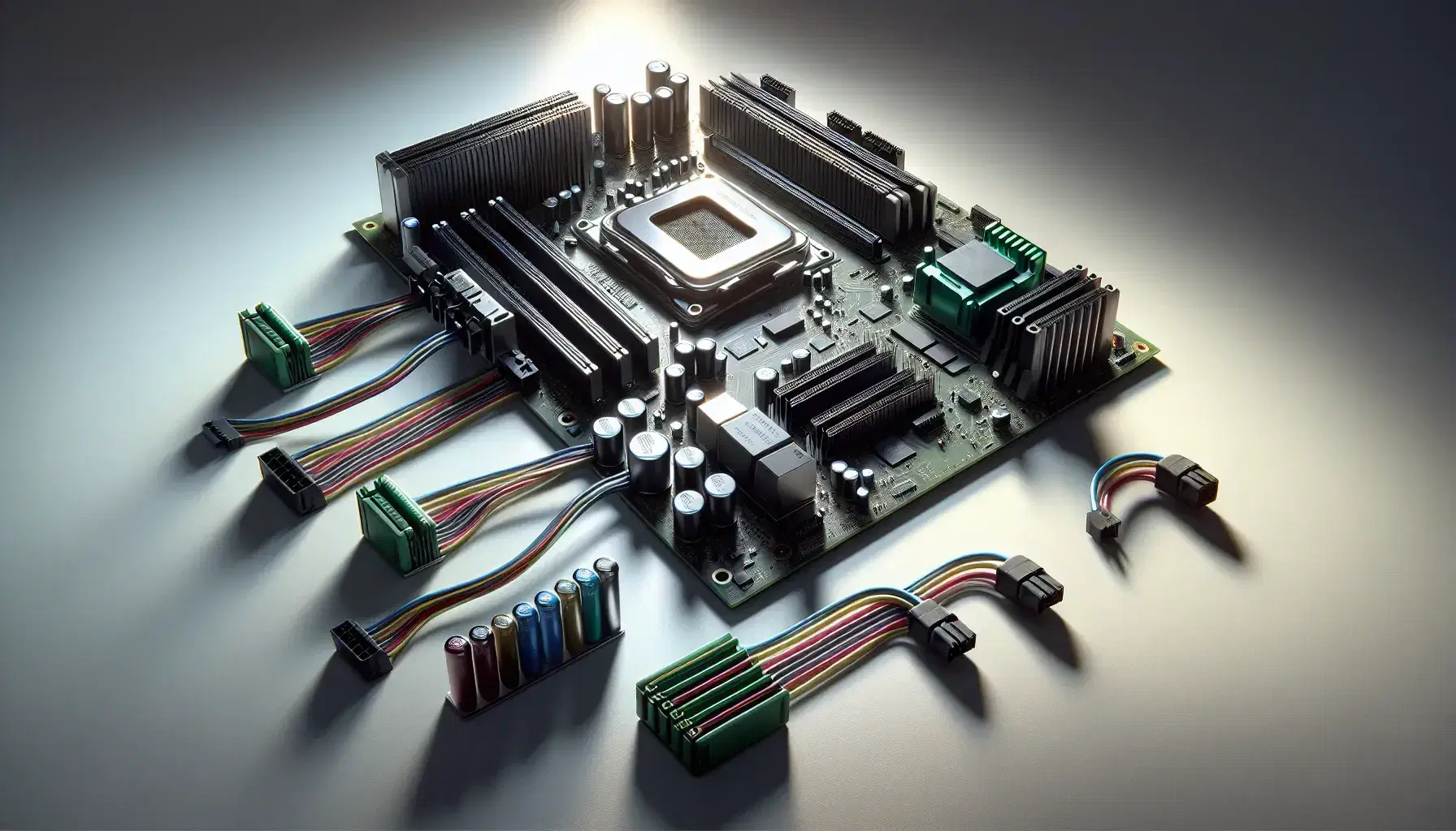 Placa base de computadora verde con circuitos integrados, capacitores multicolores, resistores y ranuras metálicas, junto a procesador gris y módulo RAM verde con chips negros y cables entrecruzados.