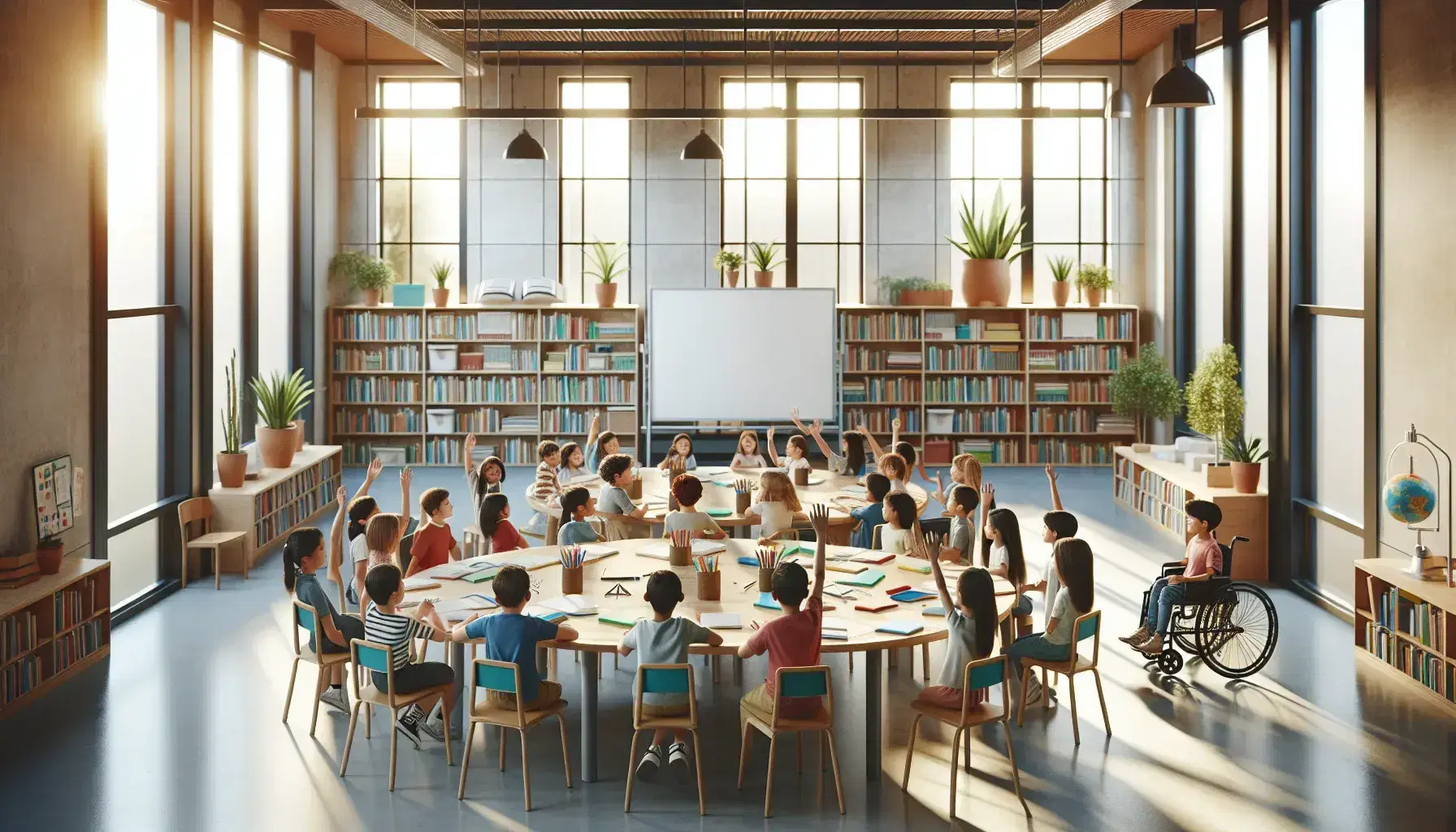 Aula luminosa con niños de diversas edades participando activamente en clase, sentados alrededor de una mesa redonda con útiles escolares, junto a una pizarra blanca y estantería con libros.