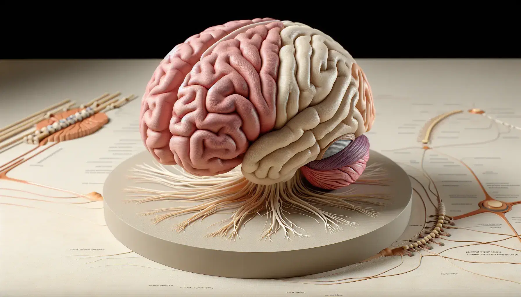 Modelo anatómico tridimensional del cerebro humano con hemisferios, surcos corticales, cerebelo y sistema nervioso periférico sobre base neutra.