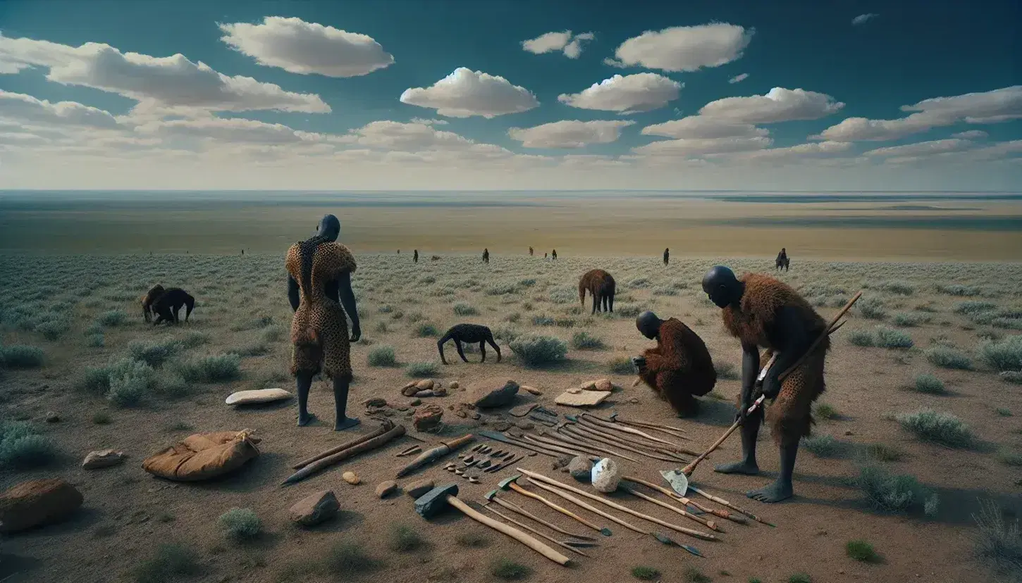 Paisaje natural abierto con cielo azul y nubes blancas, tres individuos con pieles examinan el terreno y herramientas primitivas en primer plano.
