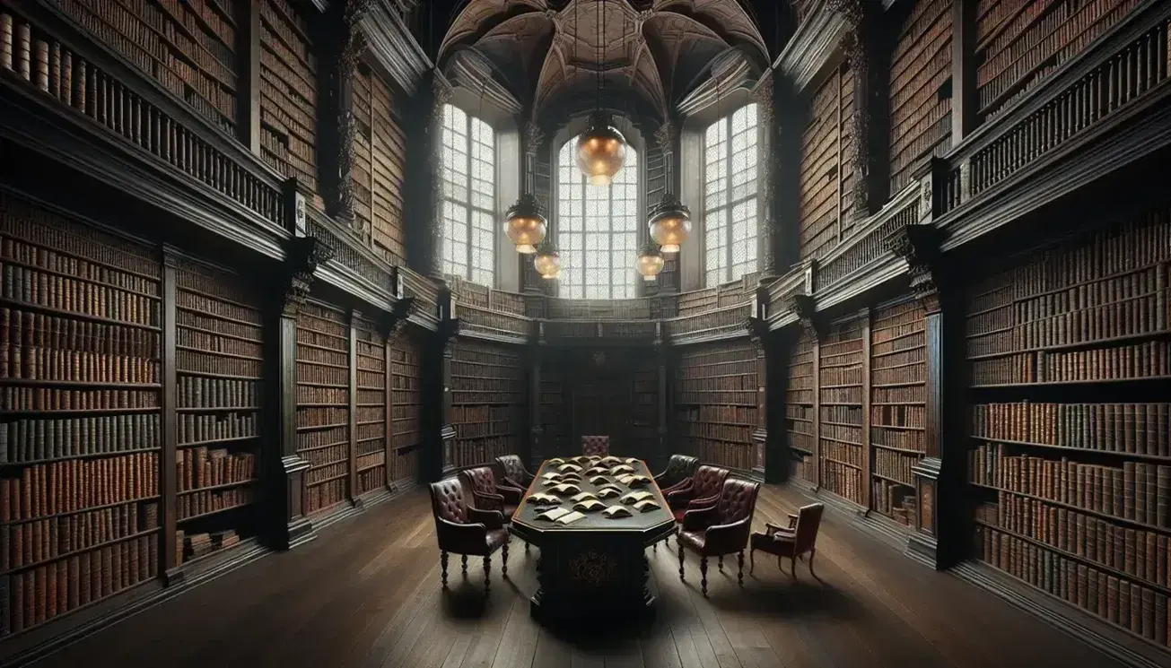 Biblioteca antica con scaffali in legno scuro pieni di libri rilegati, tavolo ovale centrale, sedie in velluto rosso e tappeto persiano.
