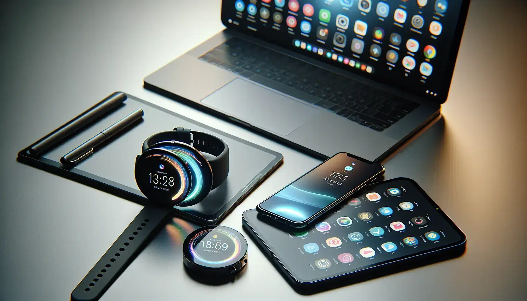 Array di dispositivi tecnologici moderni su superficie neutra con smartphone, tablet, laptop, smartwatch, drone, cuffie wireless e speaker portatile.