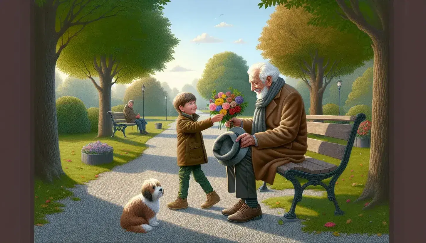 Nonno sorridente riceve mazzo di fiori colorati da nipote in parco soleggiato, con alberi verdi, panchina e cane attento.