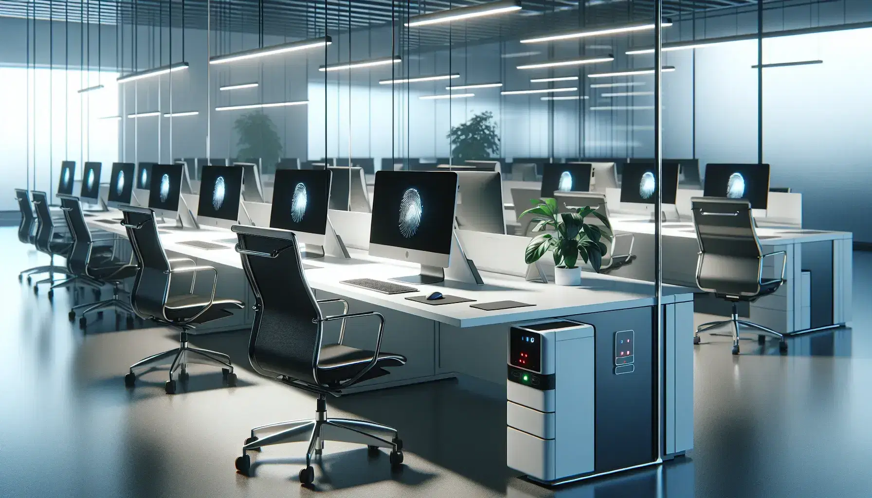 Modern office environment with silver desktop computers on white desks, adjustable black chairs, panel with active biometric reader and green plant.