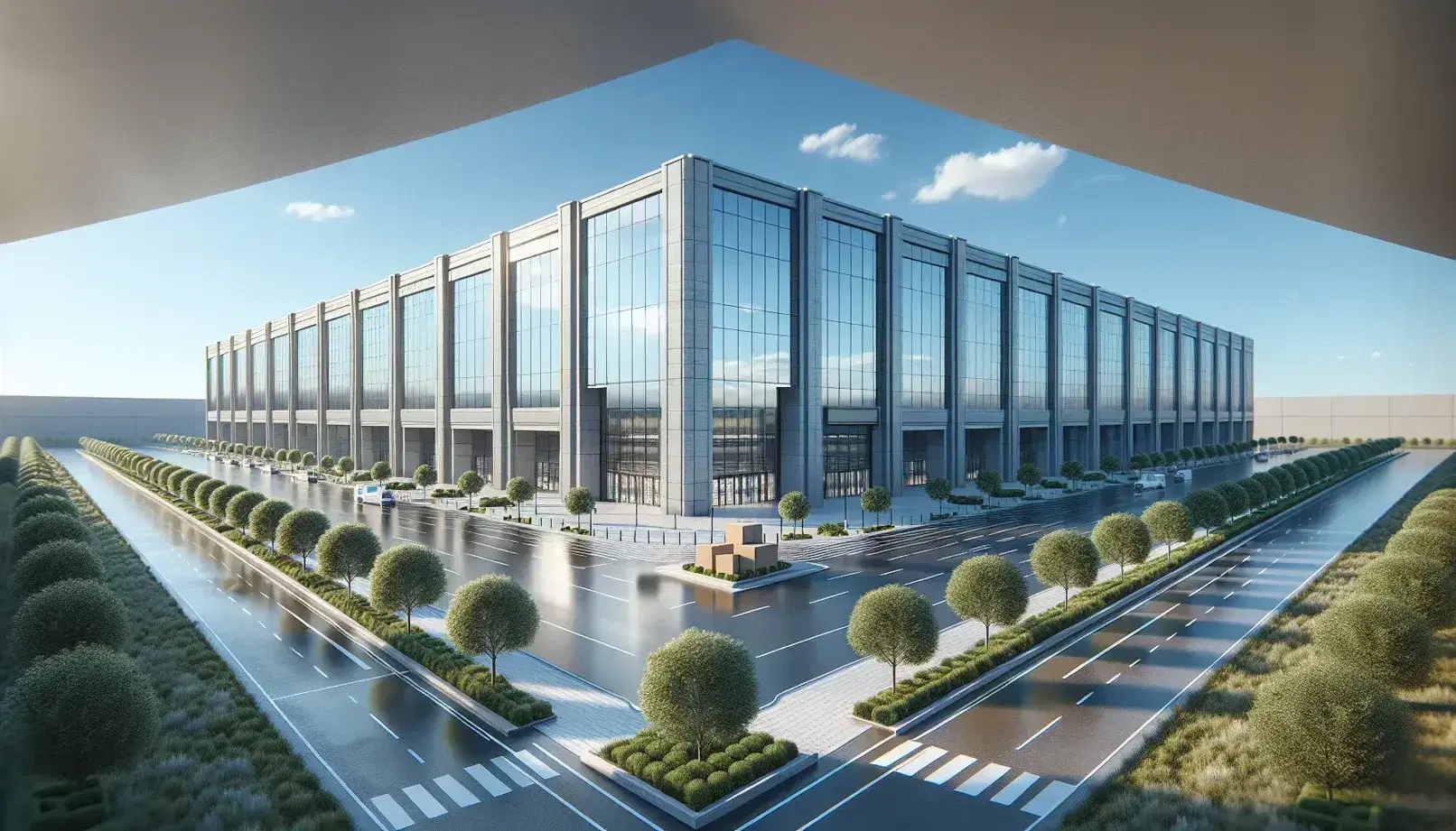 Edificio comercial moderno con paredes de vidrio reflectante y entrada principal destacada, rodeado de arbustos verdes y área de césped, bajo cielo azul claro.