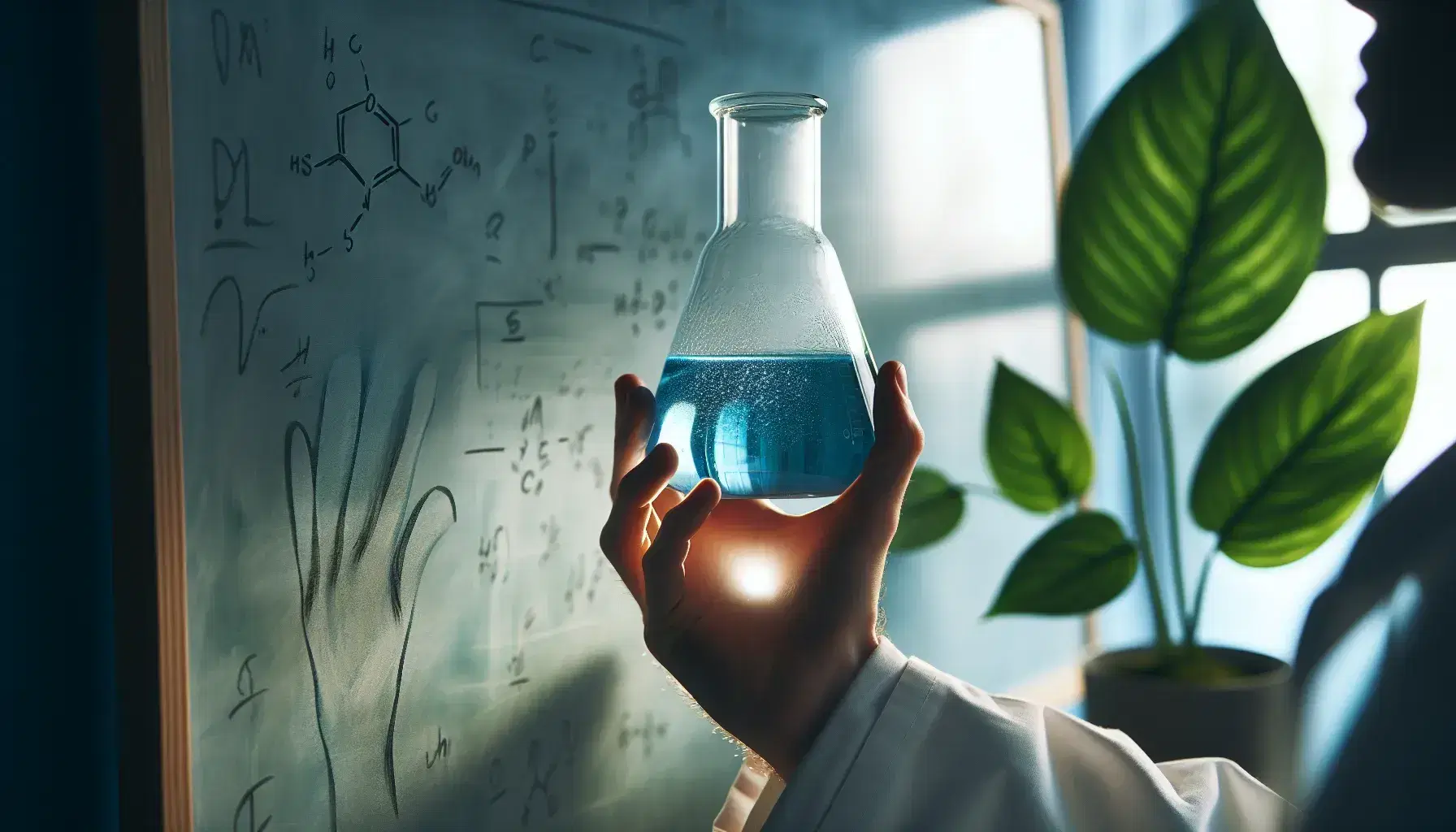Scientist holding a flask with blue liquid in a lab, with a potted plant and whiteboard in the background, highlighting research and natural elements.