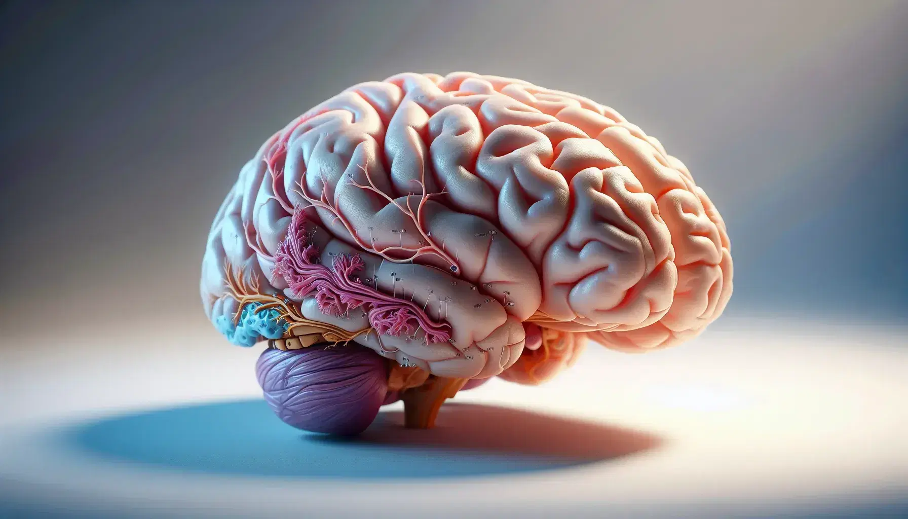 Detailed human brain model highlighting cerebral cortex and dopaminergic pathways with a golden glow, set against a gradient blue background.