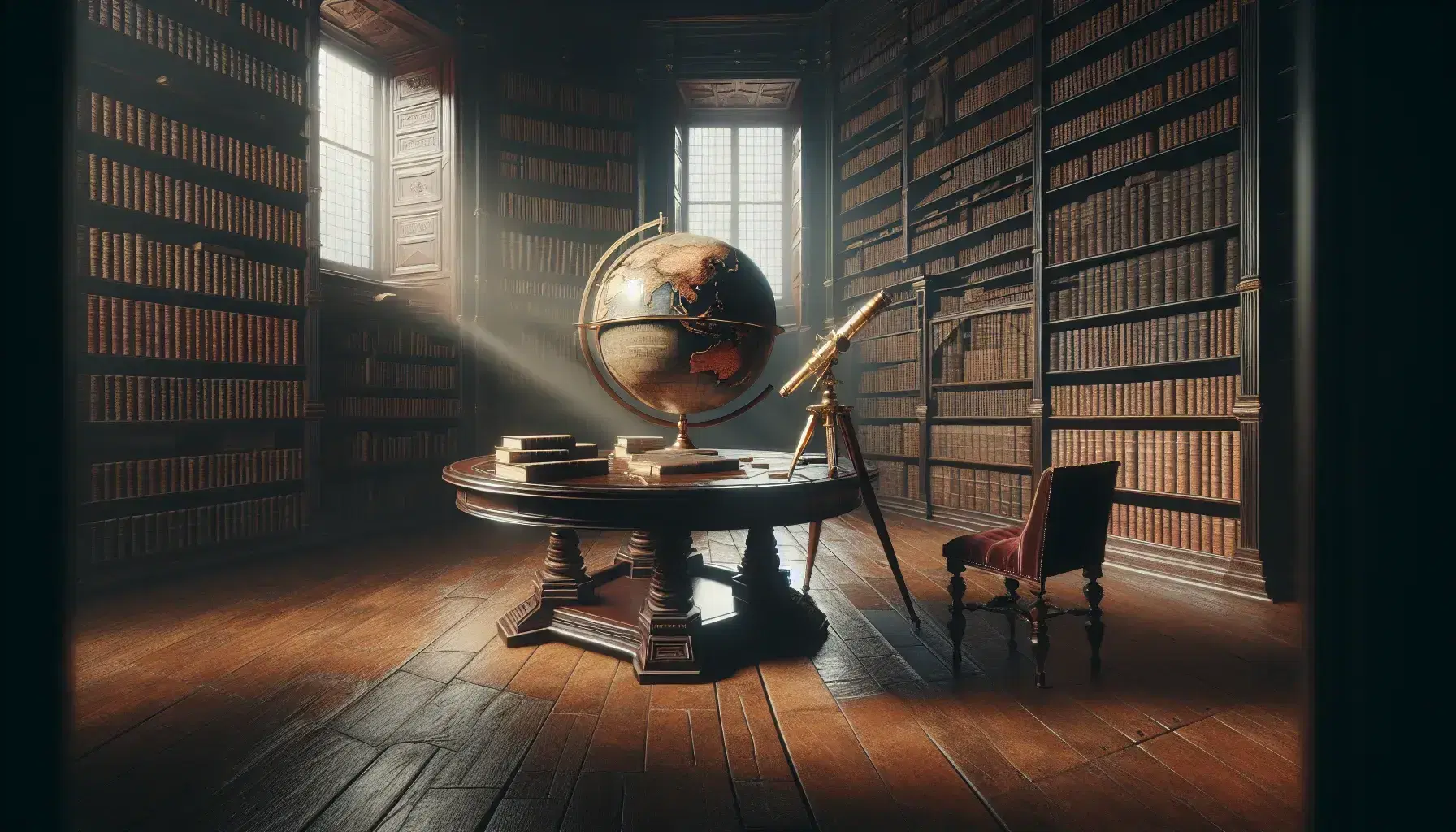 Biblioteca antigua con estanterías de madera oscura llenas de libros, mesa central con globo terráqueo antiguo y telescopio de latón, silla con tapizado rojo y suelo de madera iluminado por luz natural.