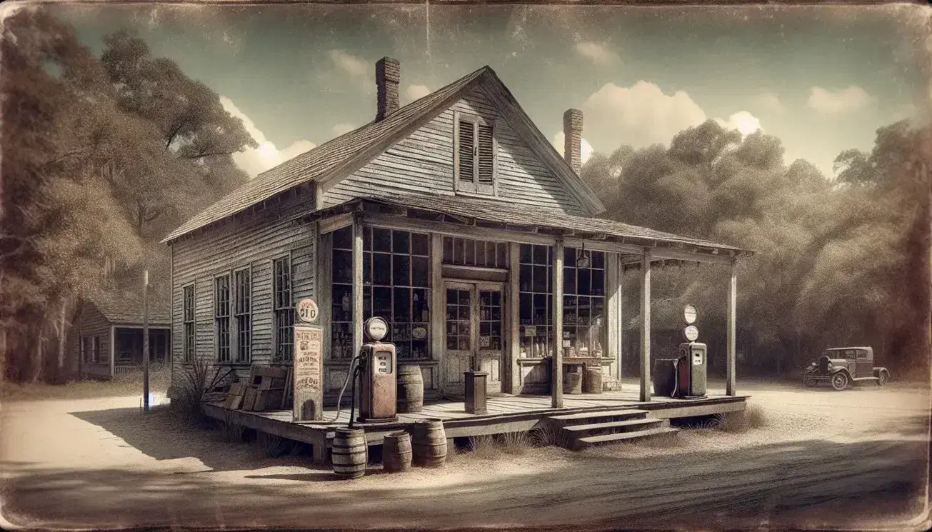 Rustic early 20th century Southern general store with vintage gas pump, wooden barrels and antique metal signs.