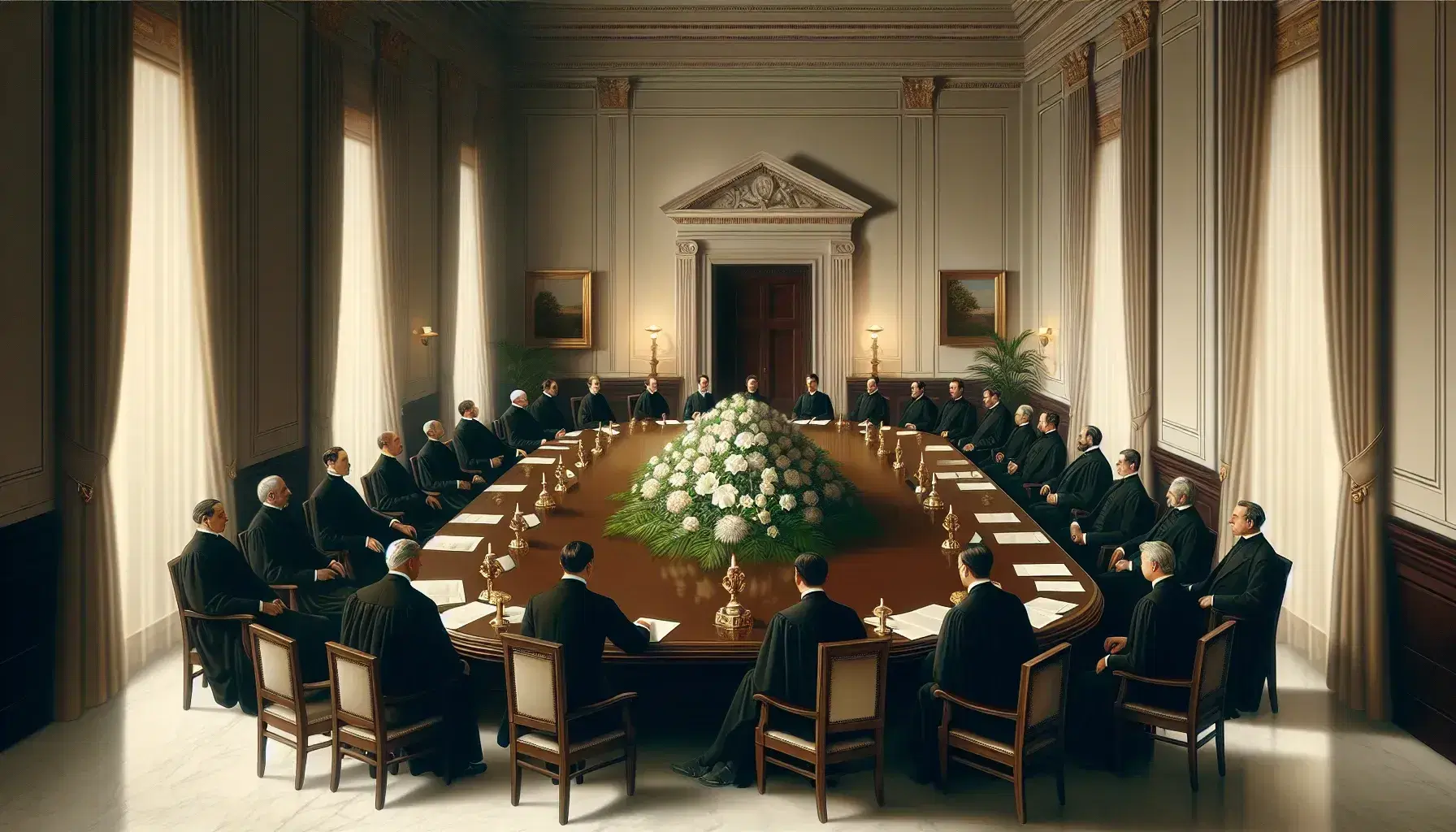 Grupo de personas en reunión formal alrededor de una mesa ovalada de madera oscura con arreglo floral central en una sala iluminada con luz suave y paredes crema.