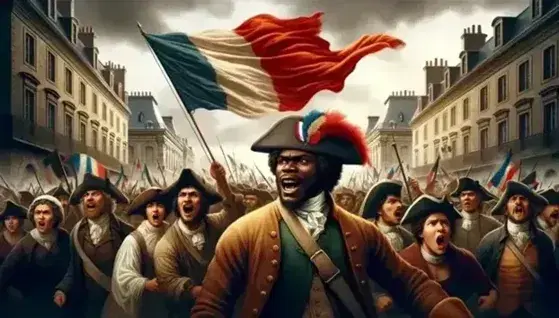 Afro-Caribbean man in 18th-century attire with tricolor cockade leads a fervent crowd during the French Revolution, waving a red flag.