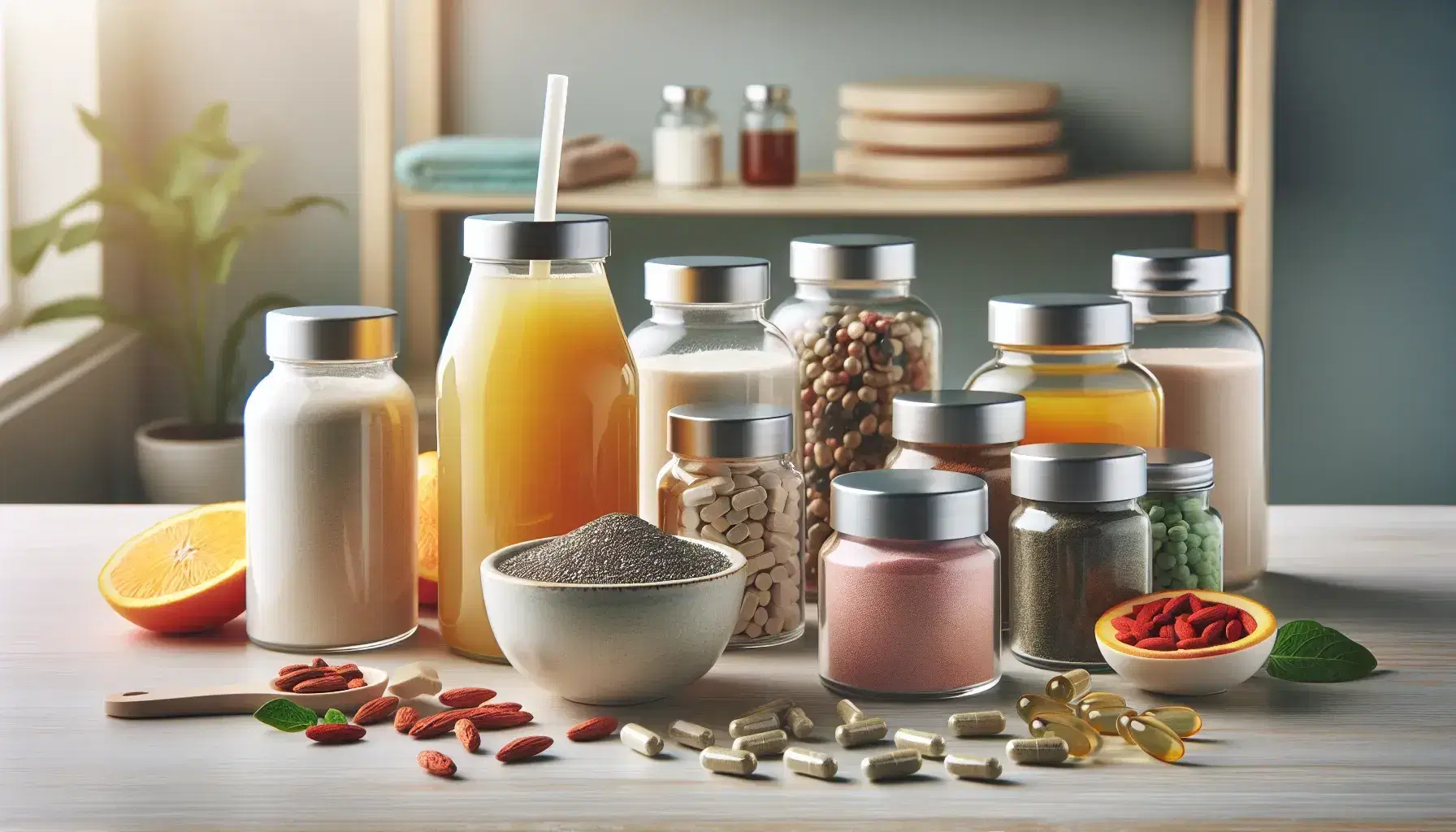 Integratori alimentari su tavolo in legno con bottiglia di liquido giallo-arancio, barattoli di polveri, capsule, compresse, semi di Chia e bacche di Goji, sfondo con persona in tenuta sportiva.