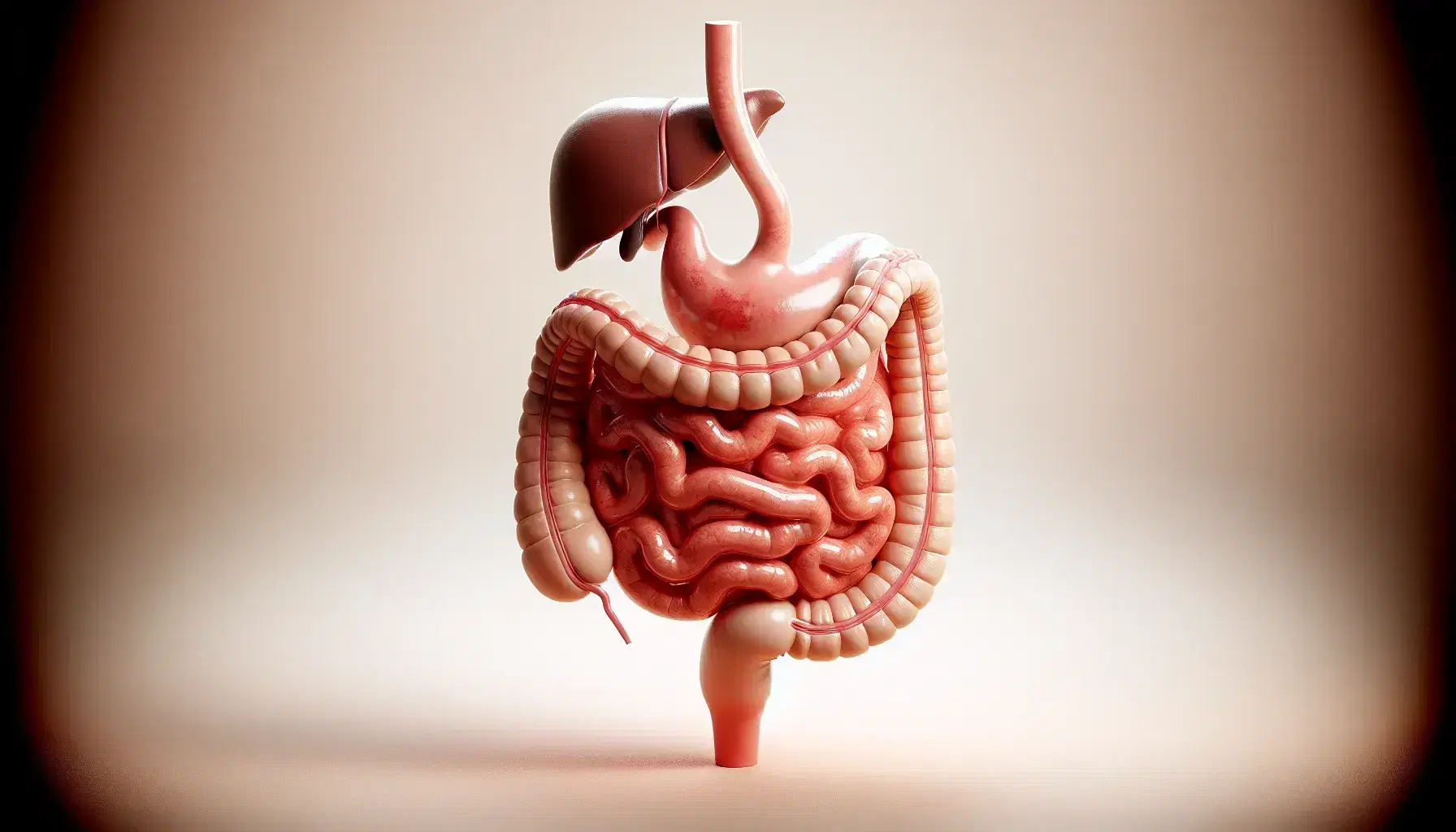 Modelo anatómico detallado del sistema gastrointestinal humano con esófago, estómago, duodeno, páncreas, hígado, vesícula biliar y bazo sobre fondo claro.