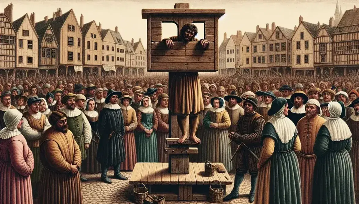 Medieval European square with diverse crowd around a pillory where a South Asian man is locked, overseen by a stocky Hispanic guard, against rustic timber-framed buildings.