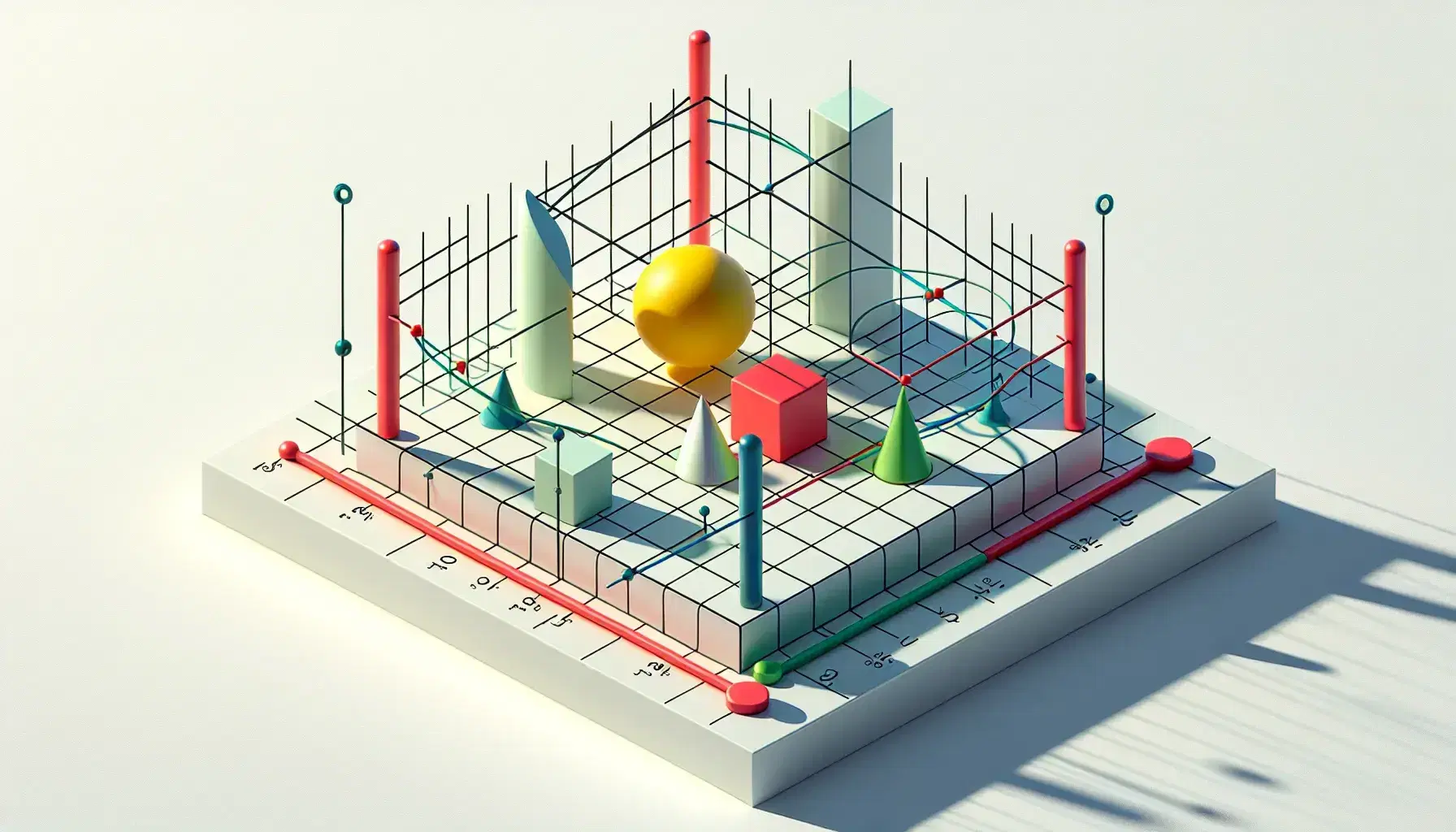 3D Cartesian coordinate system with color-coded axes, featuring a yellow sphere, gray cube, purple cone, and orange tetrahedron, all casting shadows.