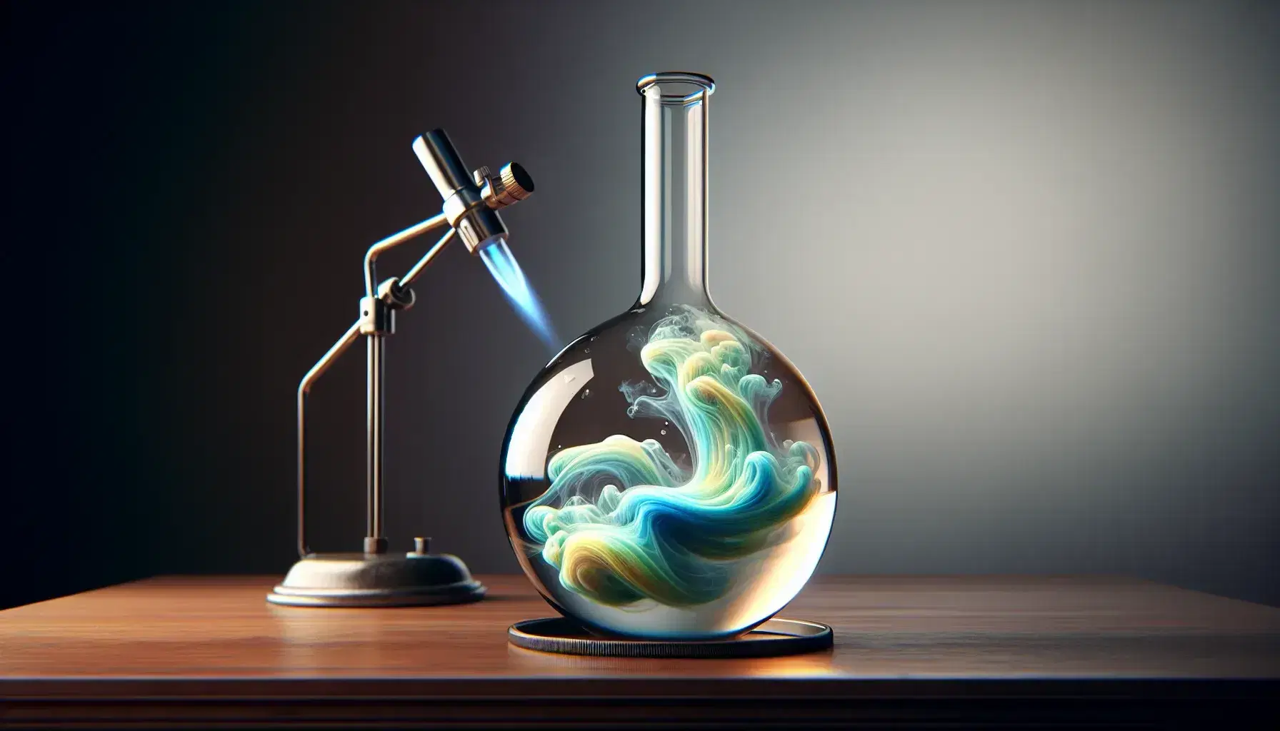 Glass flask with colorful gases in layers of blue, green and yellow on wooden table, Bunsen burner lit on blurred background.
