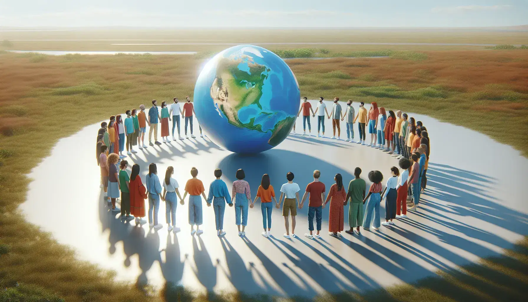 Gruppo eterogeneo unito in cerchio su prato verde con globo terrestre al centro, esprime solidarietà e pace sotto cielo sereno.