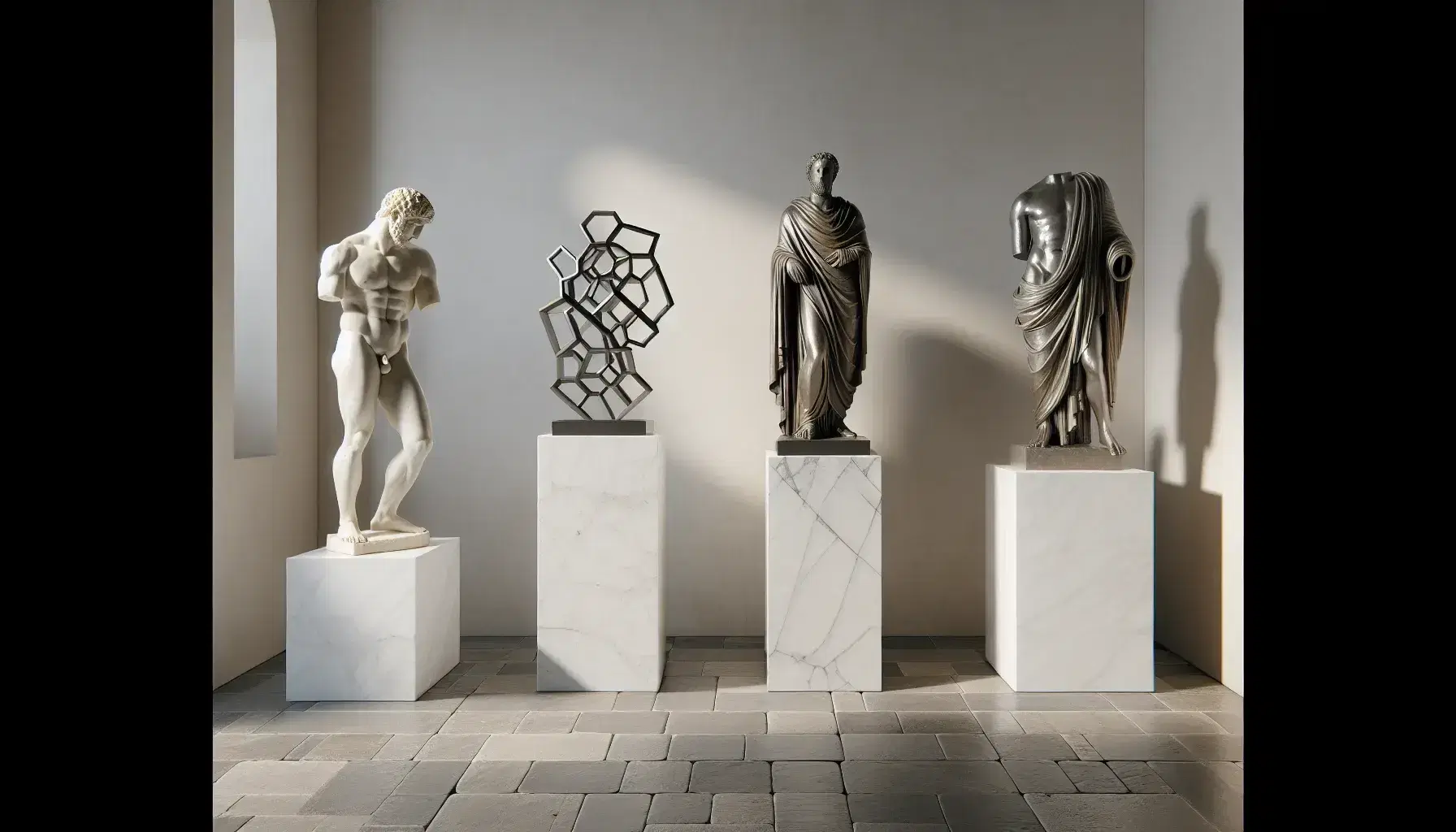 Colección de tres esculturas históricas en pedestales de mármol, incluyendo un kouros griego, un santo medieval de madera y una figura abstracta contemporánea de metal.