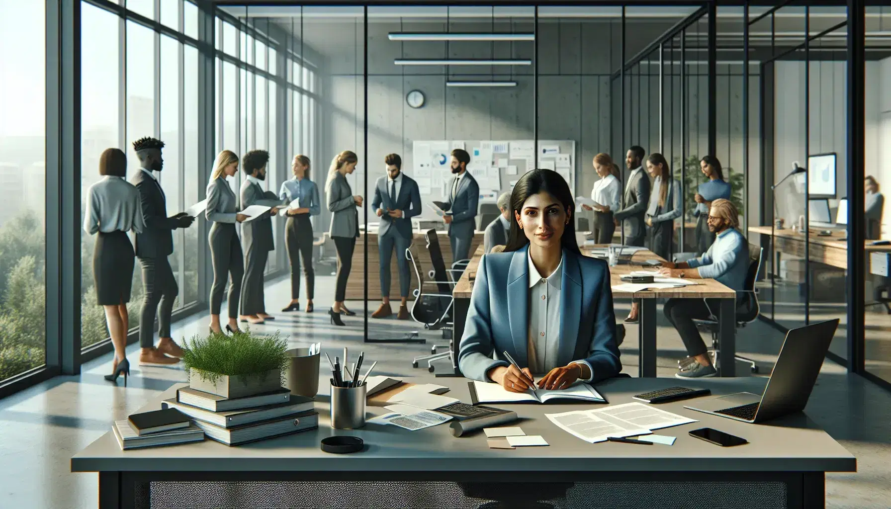 Middle-Eastern woman works at laptop in modern office, with diverse colleagues discussing in background meeting room and Black woman by photocopier.