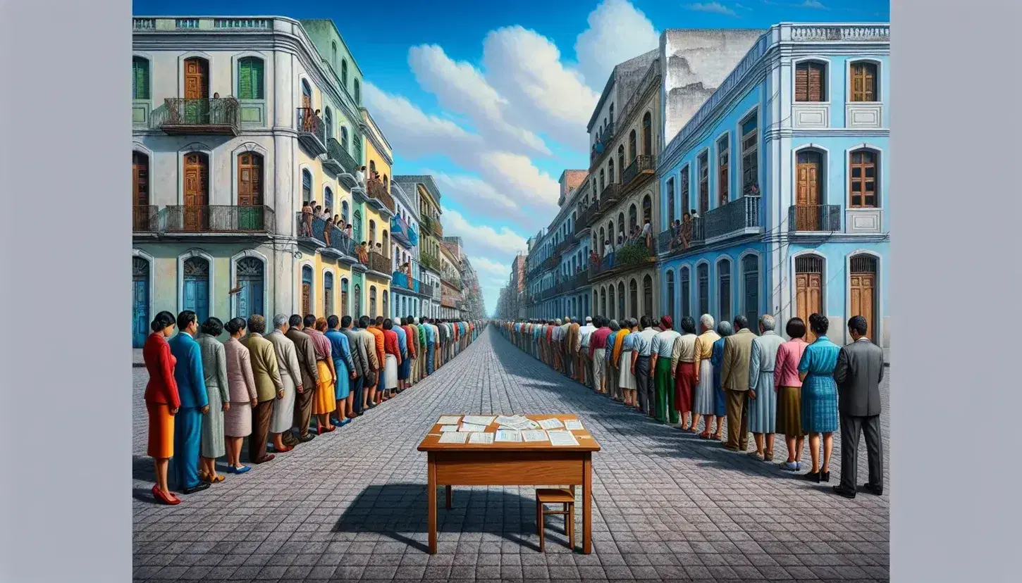 Fila de personas de diversas edades vestidas con ropa colorida en una calle de ciudad latinoamericana, con mesa de documentos y edificios pastel al fondo.