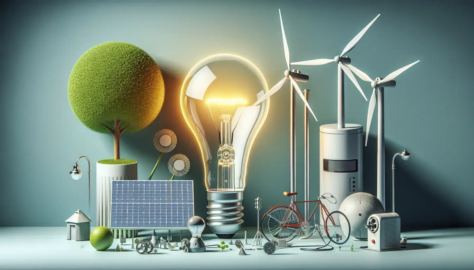 Illuminated incandescent bulb with a wind turbine, green tree, bicycle, and solar panel in the background, symbolizing diverse energy sources.
