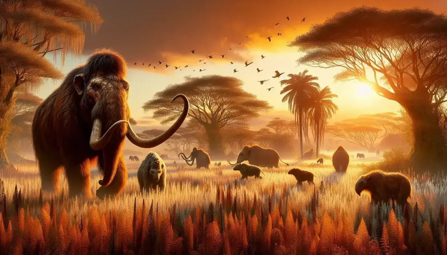 Scena preistorica al tramonto con mammifero simile a mammut senza pelo, altri animali nella savana e ominide tra gli alberi.
