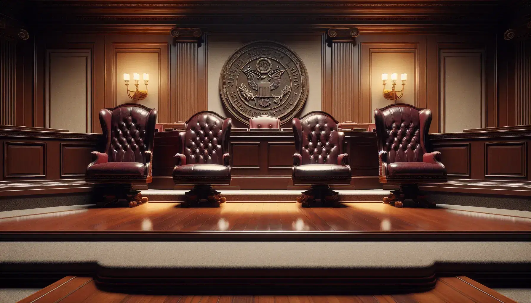 Appeals courtroom with three burgundy leather chairs, mahogany bench, polished floor and benches for the public.