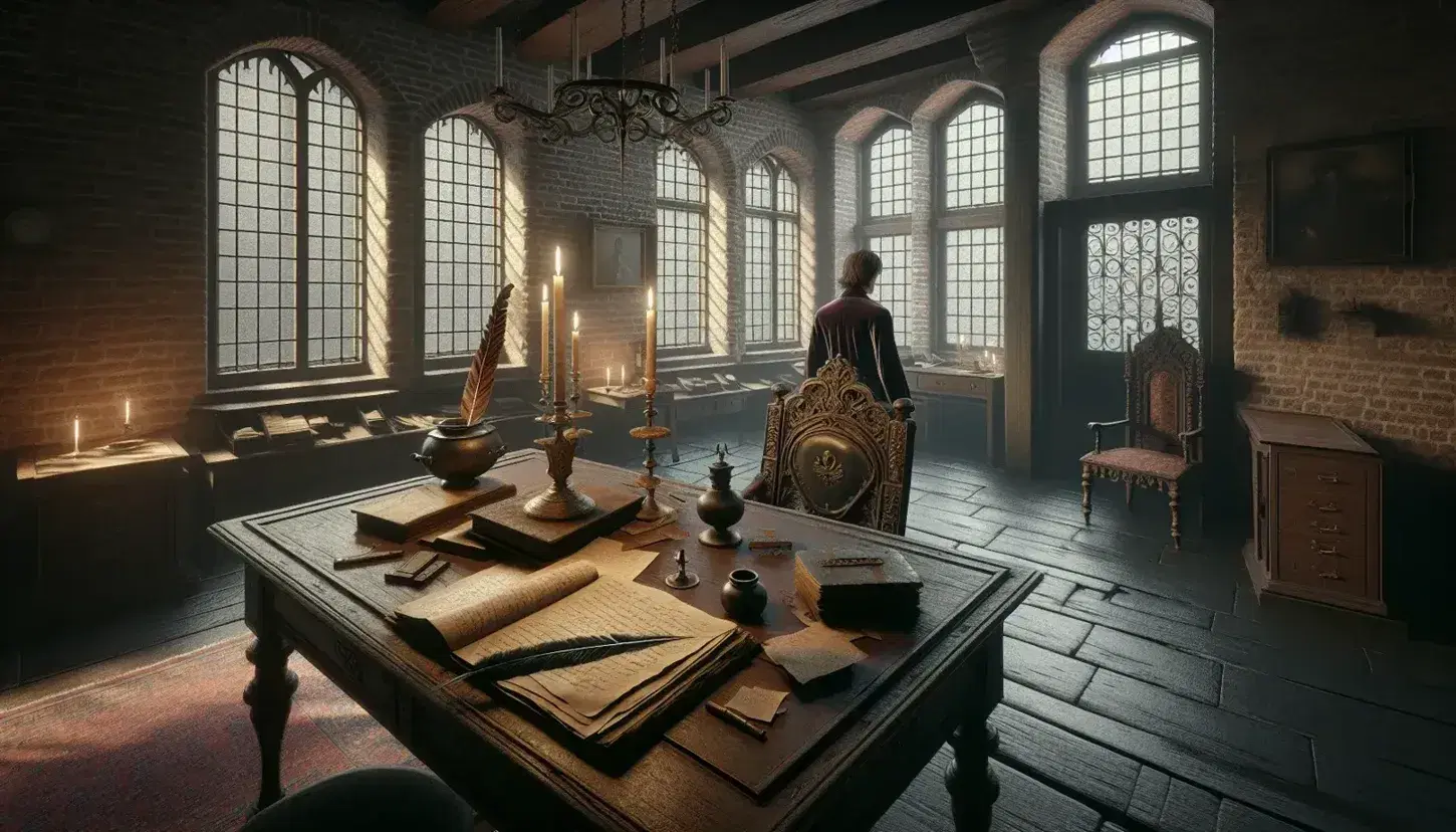 Stanza antica con pareti in mattoni a vista, tavolo in legno con penna d'oca e libro aperto, sedia intagliata e uomo in abiti d'epoca.