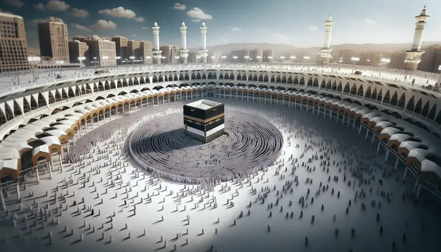 La Kaaba al centro della Grande Moschea di Mecca con fedeli in abiti bianchi che compiono il Tawaf su marmo bianco sotto un cielo azzurro.