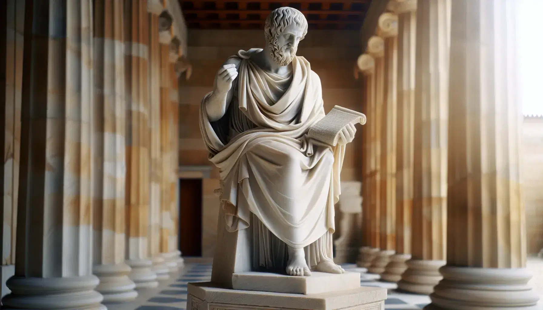 Estatua de mármol blanco de Platón con un pergamino en mano y la otra alzada, en un entorno de columnas griegas, destacando detalles finos y juego de luces y sombras.