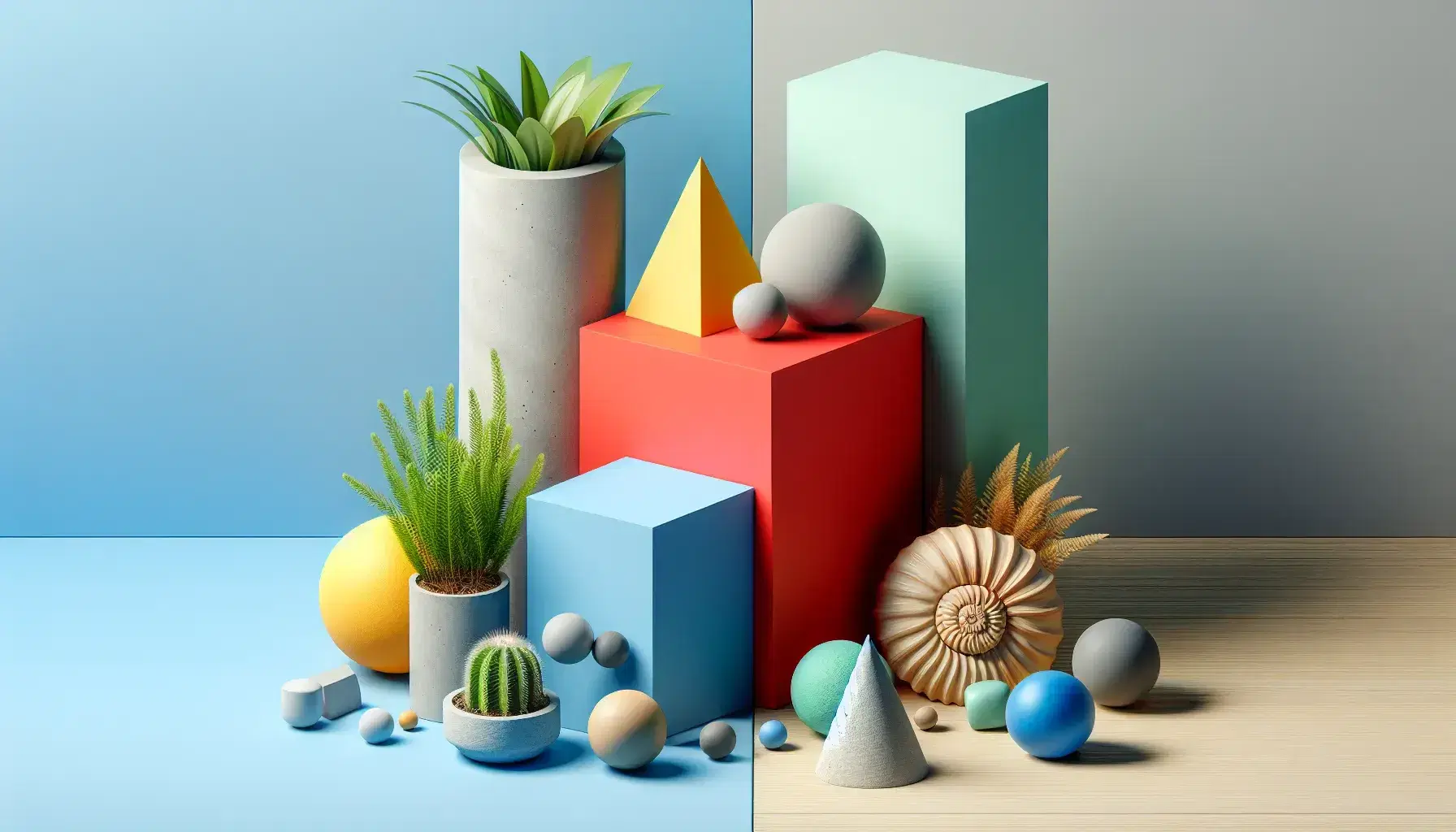 Escena con objetos geométricos y elementos naturales, incluyendo un cubo rojo, esfera amarilla, cono verde, cilindro azul y planta, piedra y concha sobre fondo de madera.