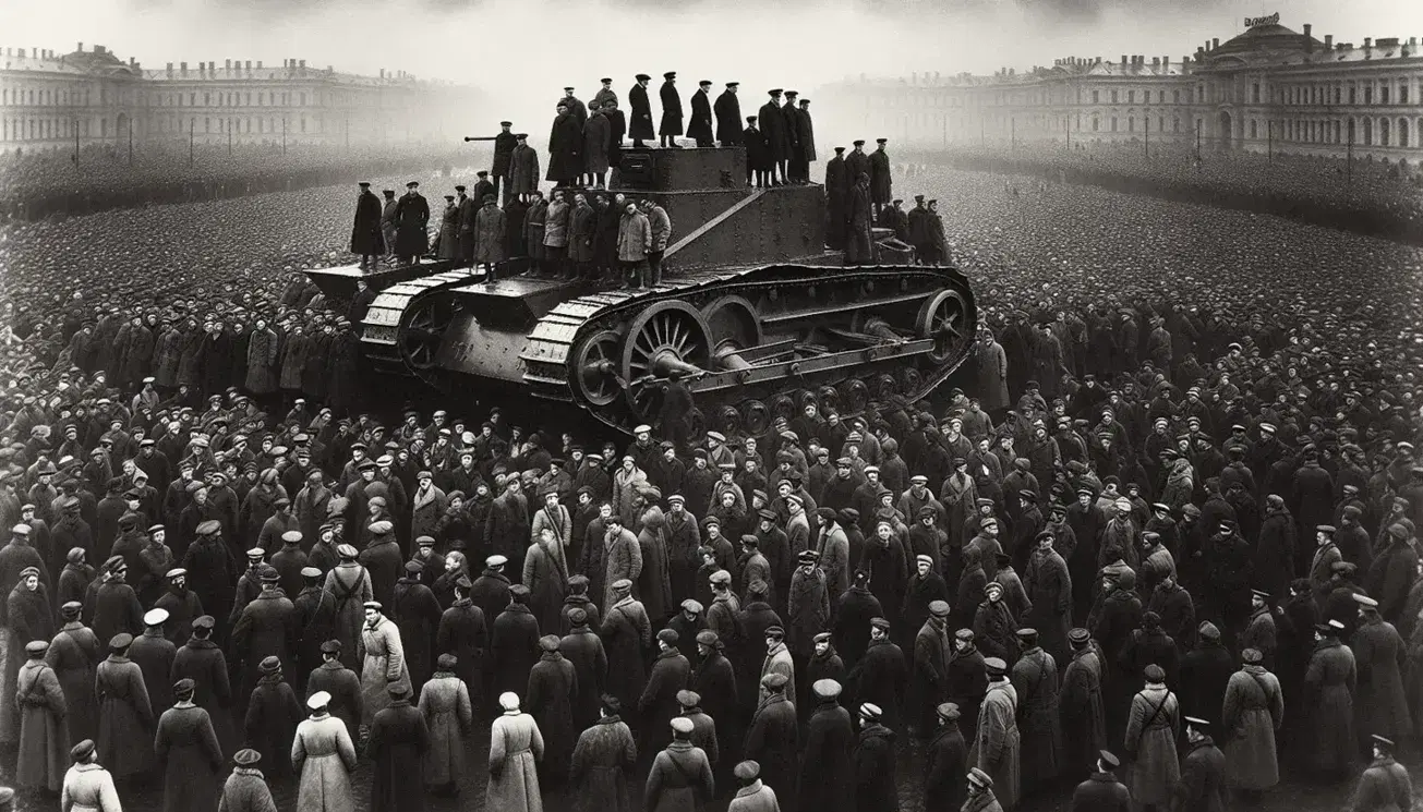 Folla in bianco e nero radunata in piazza con persone su carro armato d'epoca, atmosfera storica e cielo nuvoloso.