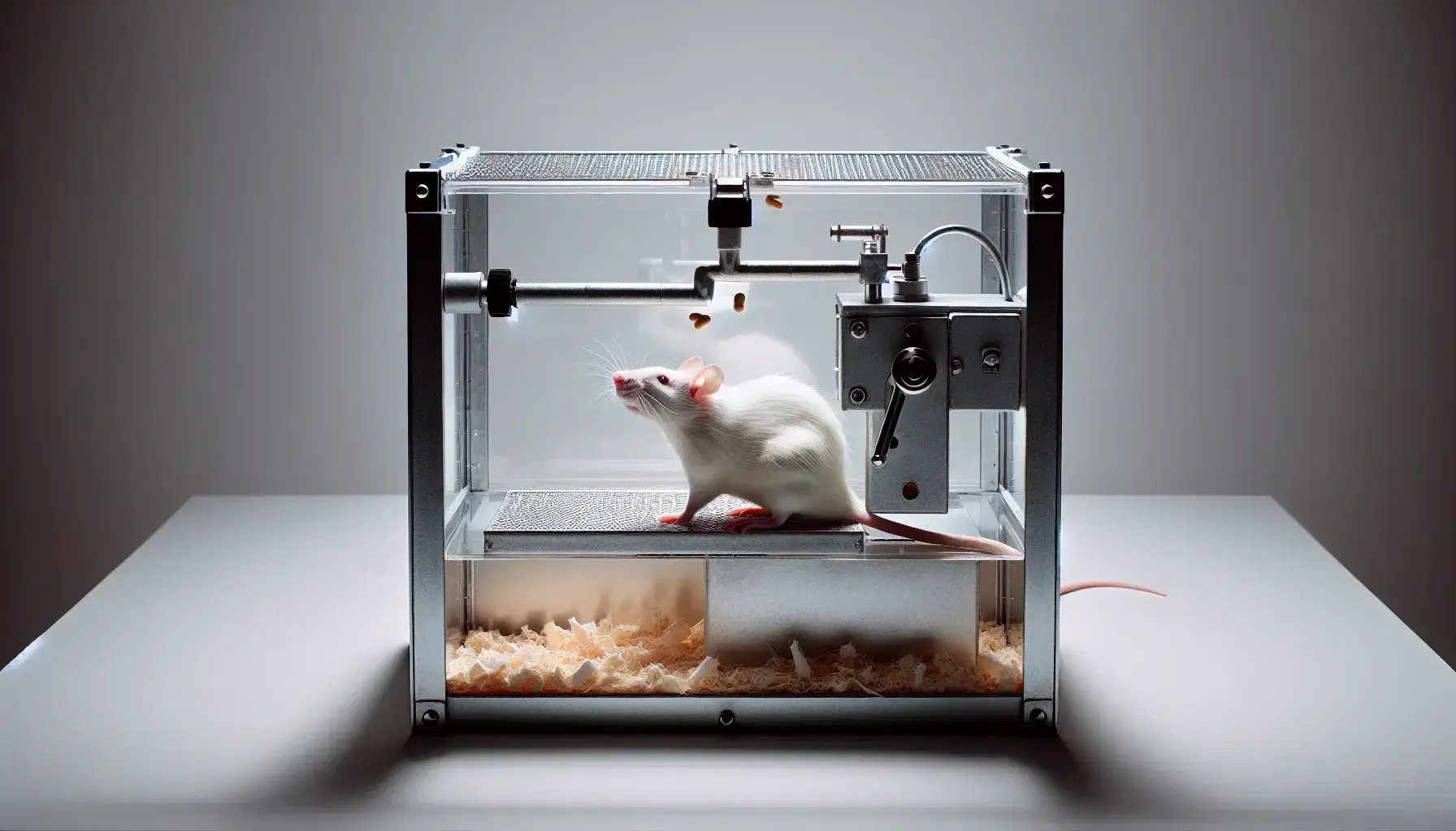 Rata de laboratorio blanca en una caja de Skinner con palanca metálica y dispensador de comida, sobre sustrato de virutas de madera.