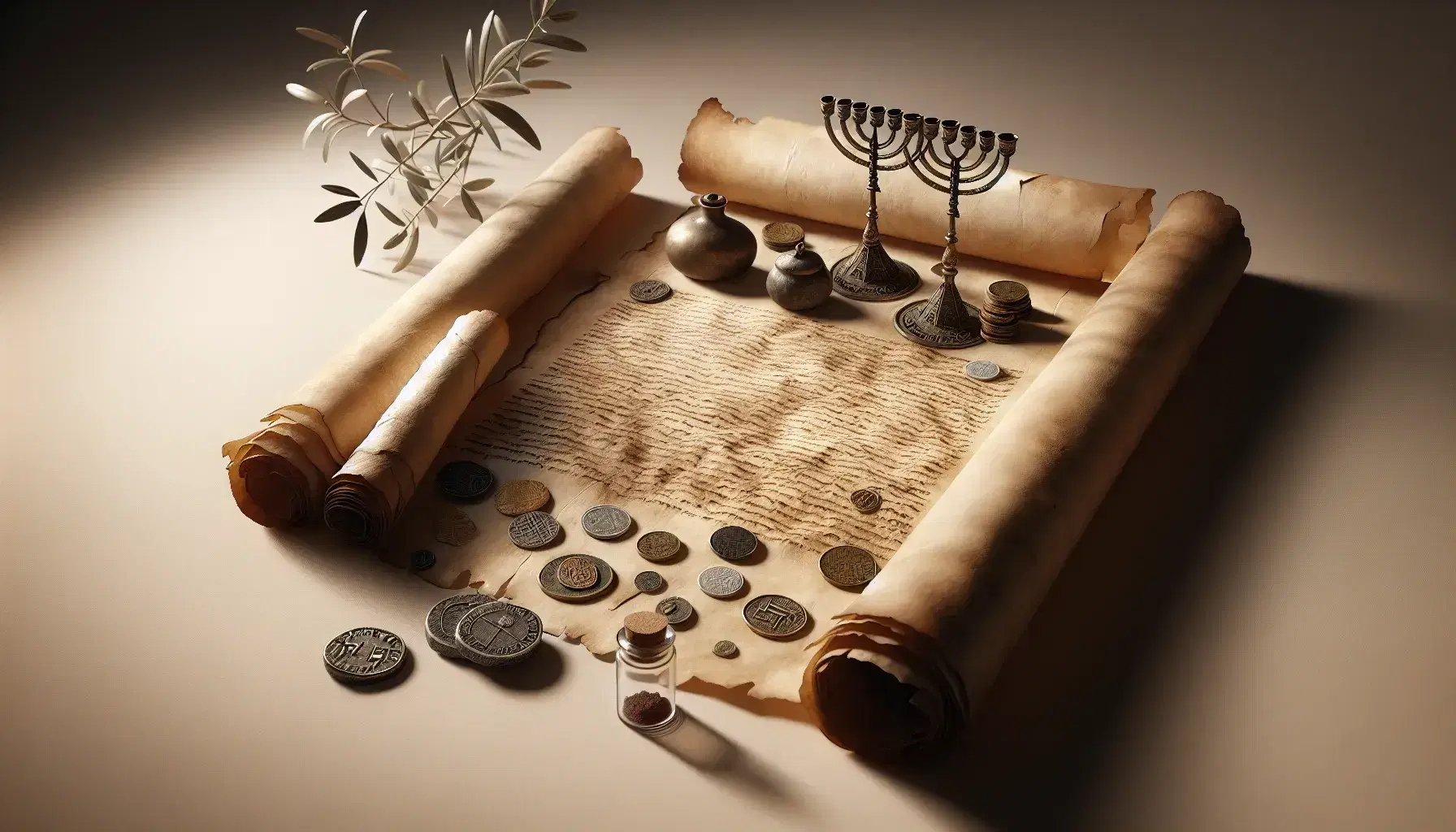 Pergamena antica non scritta con bordi irregolari, menorah in bronzo, monete antiche e fiala con terra rossa su sfondo neutro.
