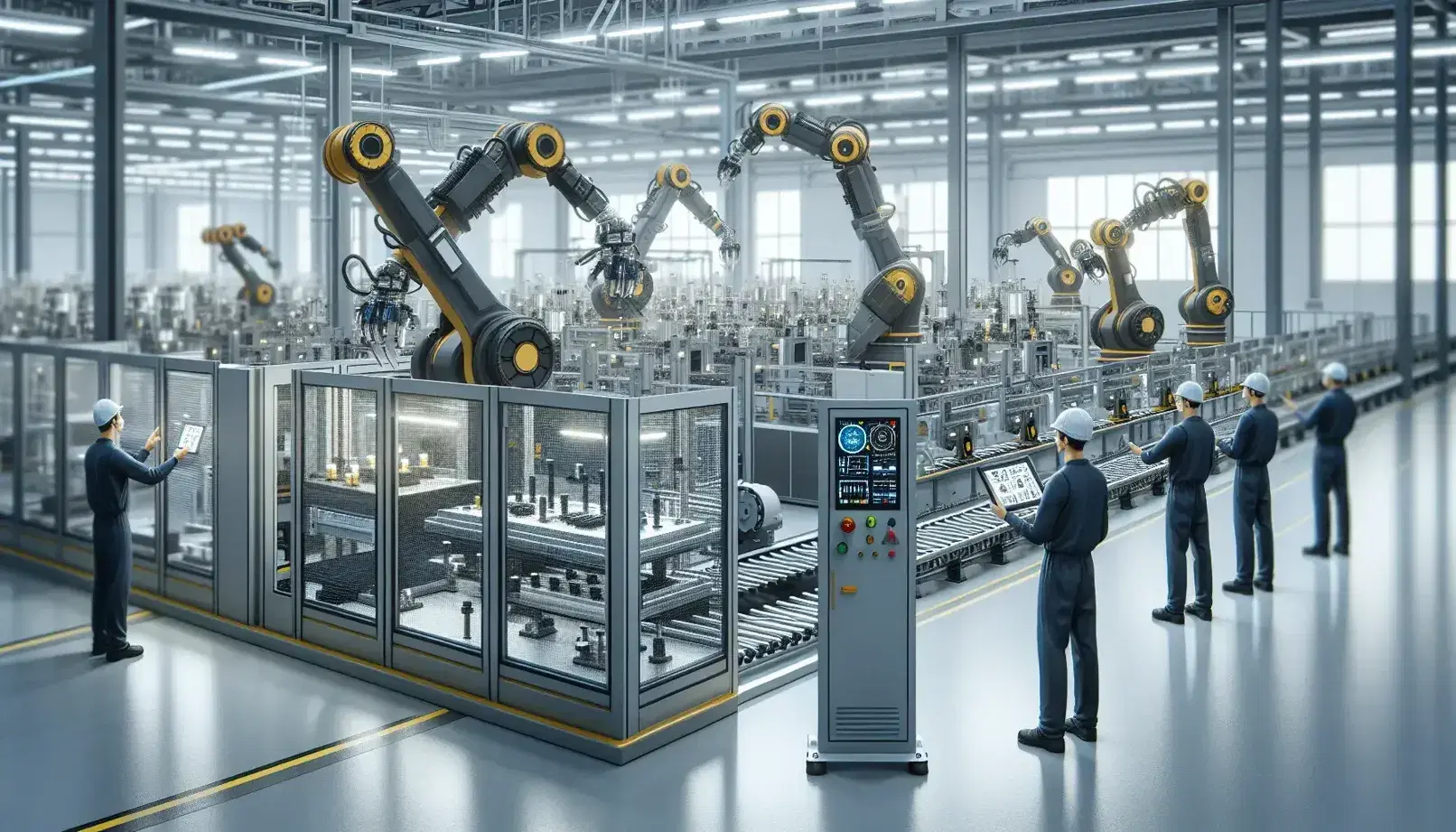 Fábrica moderna con máquinas metálicas y brazos robóticos amarillos manipulando materiales, trabajadores supervisando y ambiente iluminado y organizado.